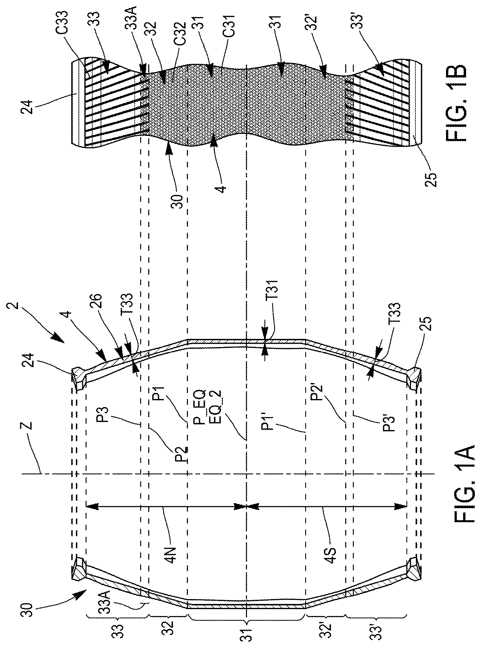 Patent US12617167 Figure 1 – Pneumatic tire curing method using a curing membrane comprising three drainage areas arranged in increasing order of depth