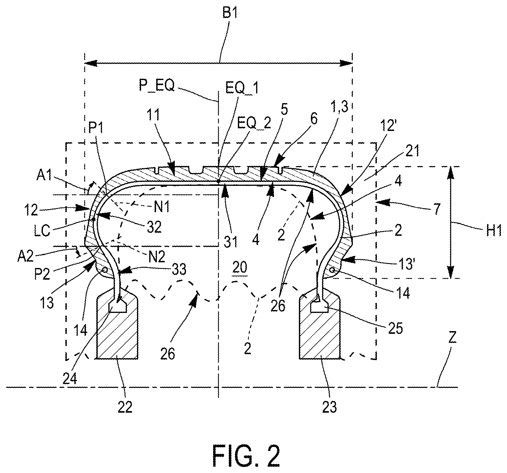Patent US12617167 Figure 2 – Pneumatic tire curing method using a curing membrane comprising three drainage areas arranged in increasing order of depth