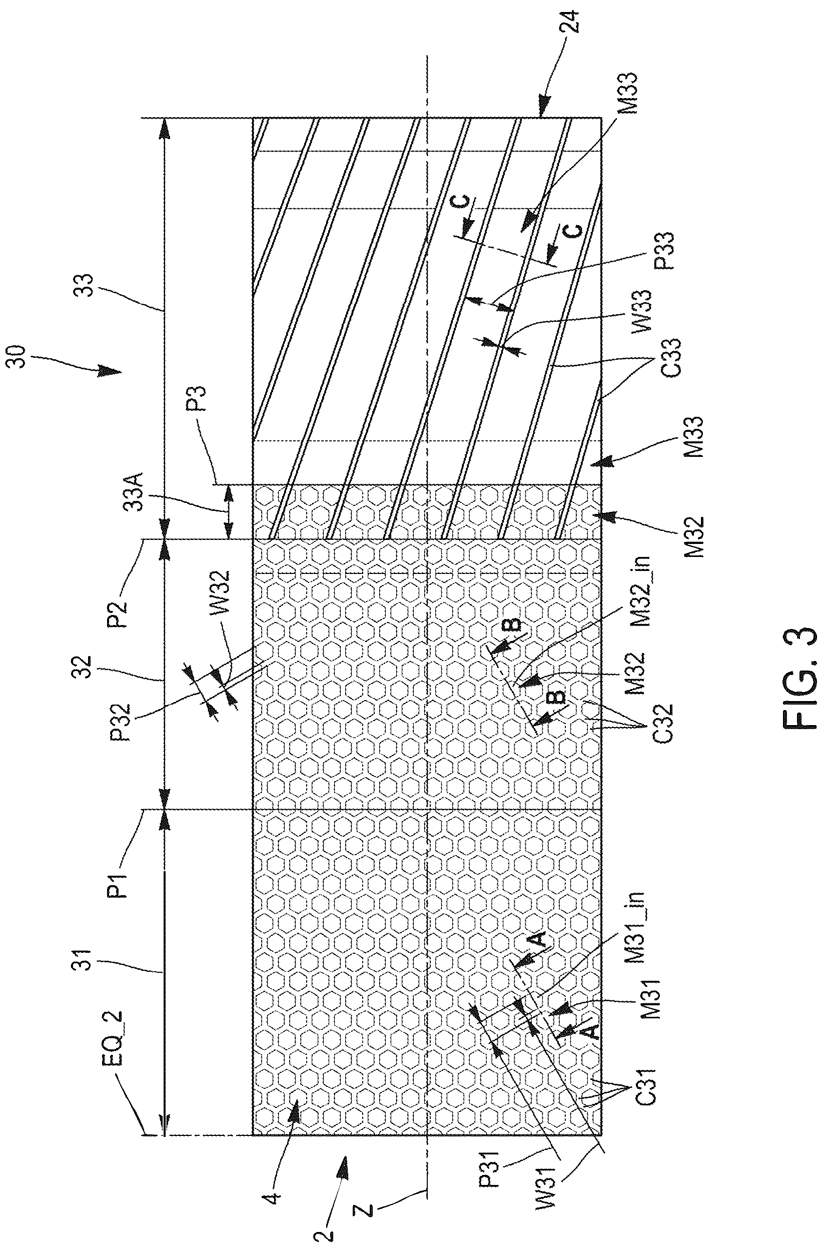 Patent US12617167 Figure 3 – Pneumatic tire curing method using a curing membrane comprising three drainage areas arranged in increasing order of depth