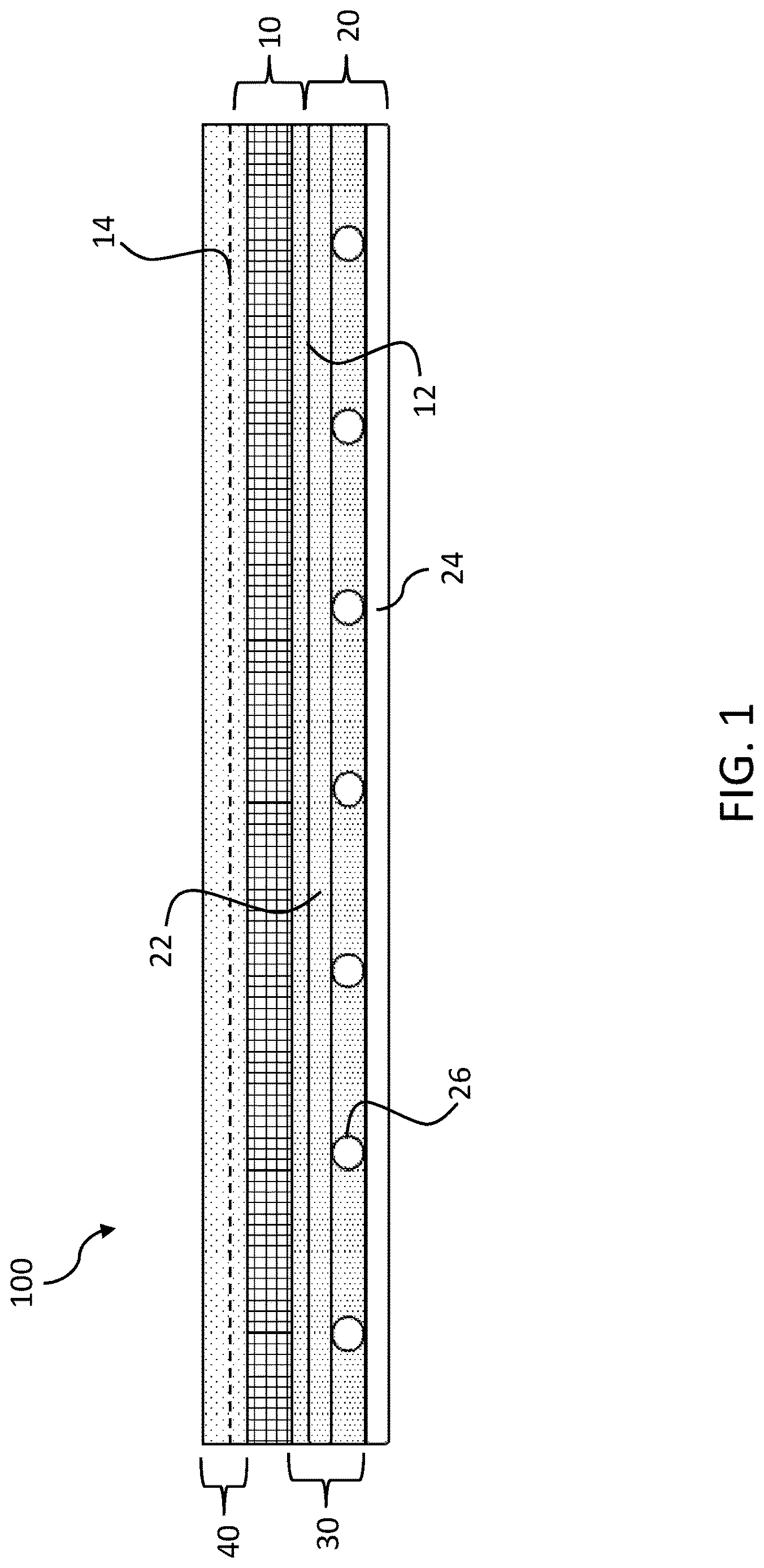 Patent US12617180 Figure 1 – Coated reinforced composite facer and insulation assembly including the same
