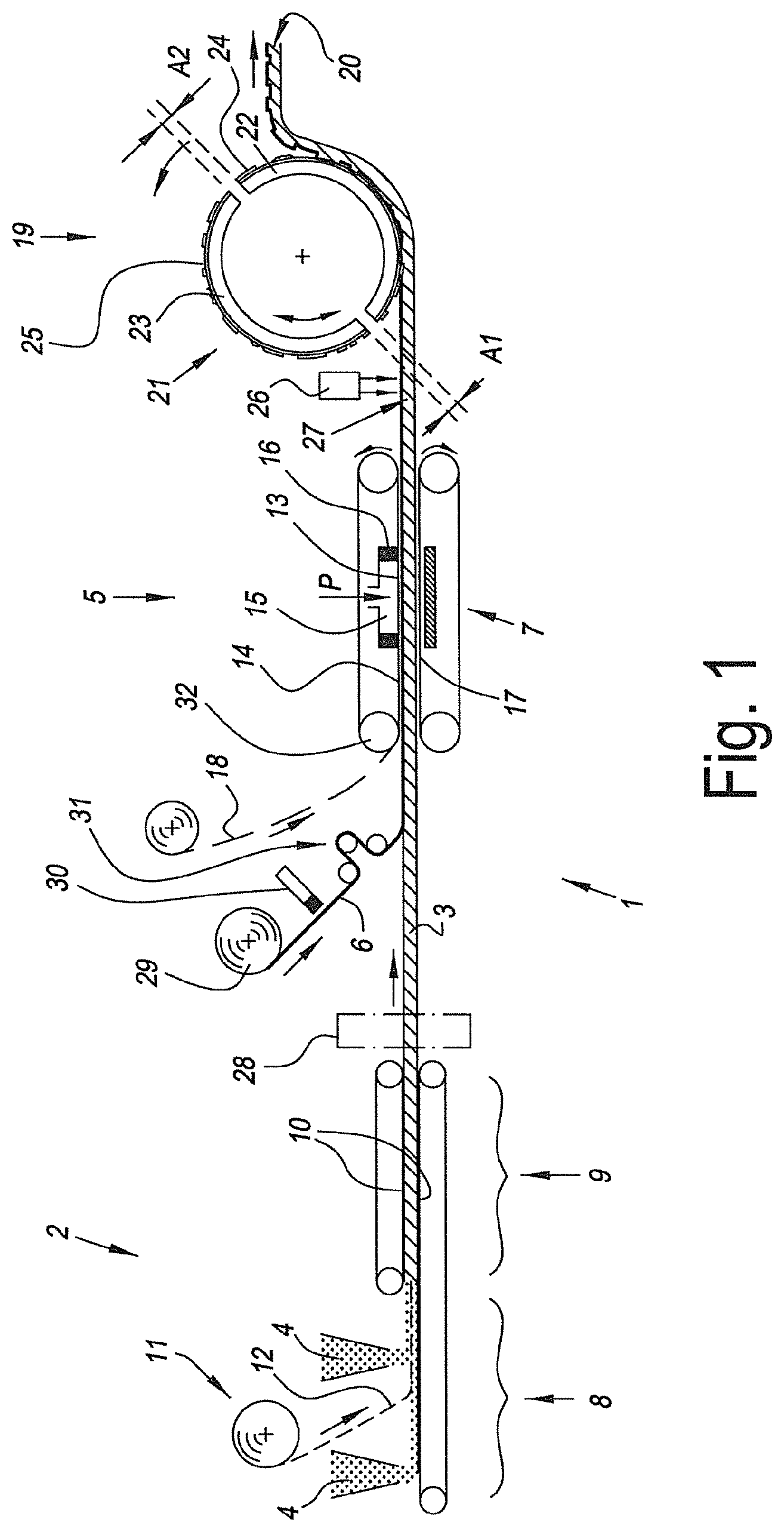 Patent US12617195 Figure 1 – Method and installation for manufacturing a floor covering product and floor covering product obtained hereby