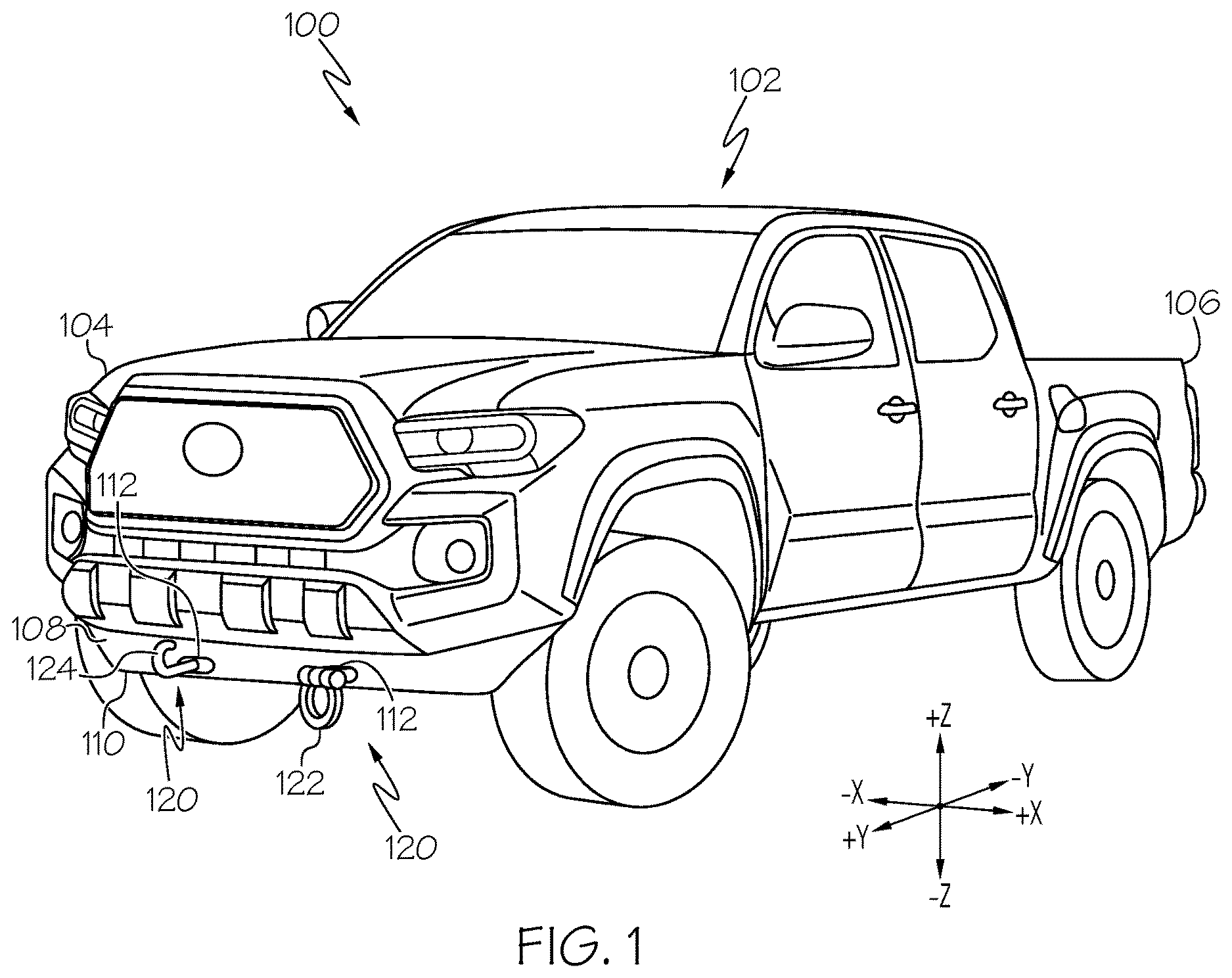 Patent US12617247 Figure 1 – Tow hook assemblies and vehicles including same