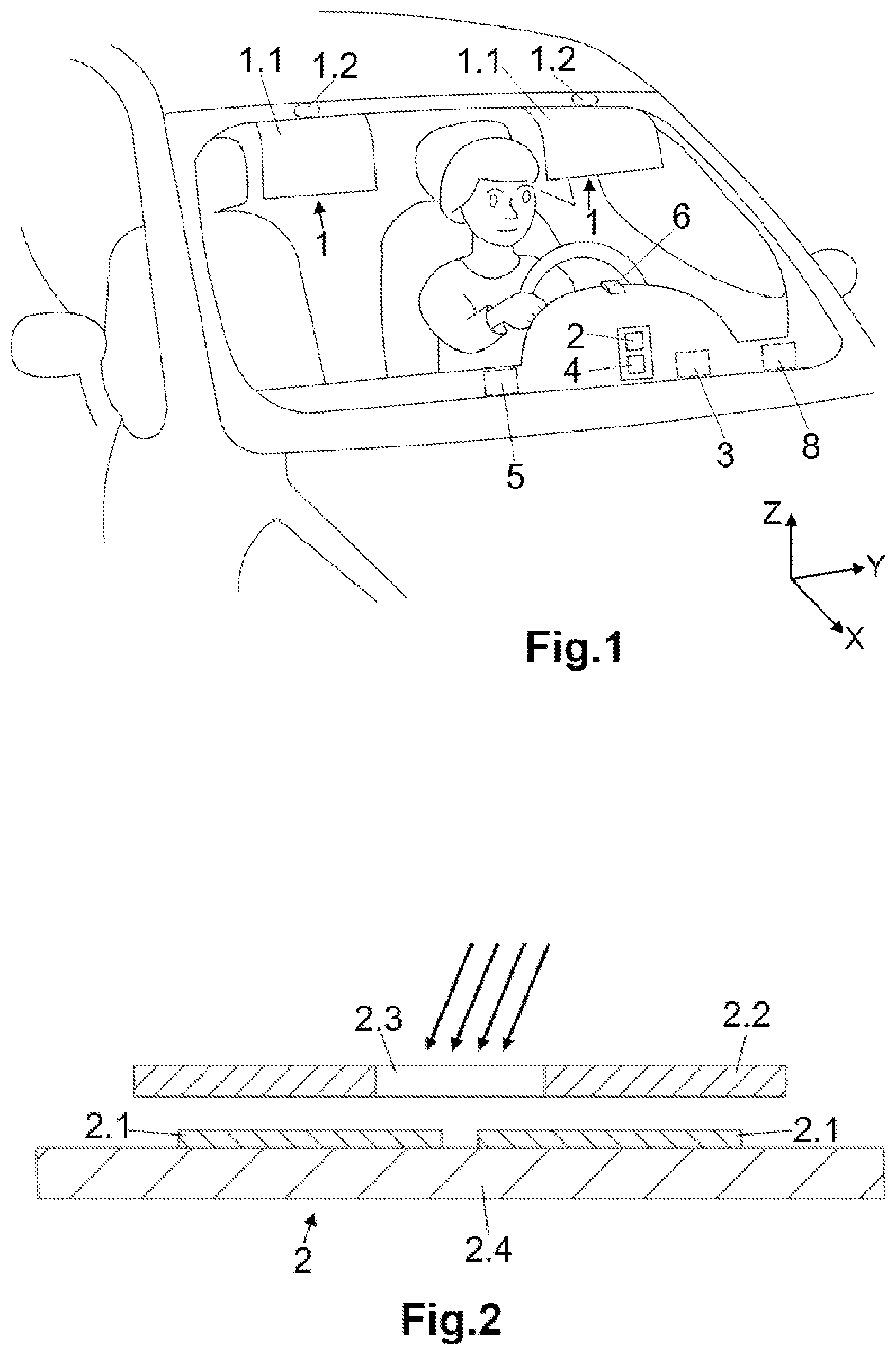 Patent US12617256 Figure 1 – Antiglare device for vehicles and method of use such device