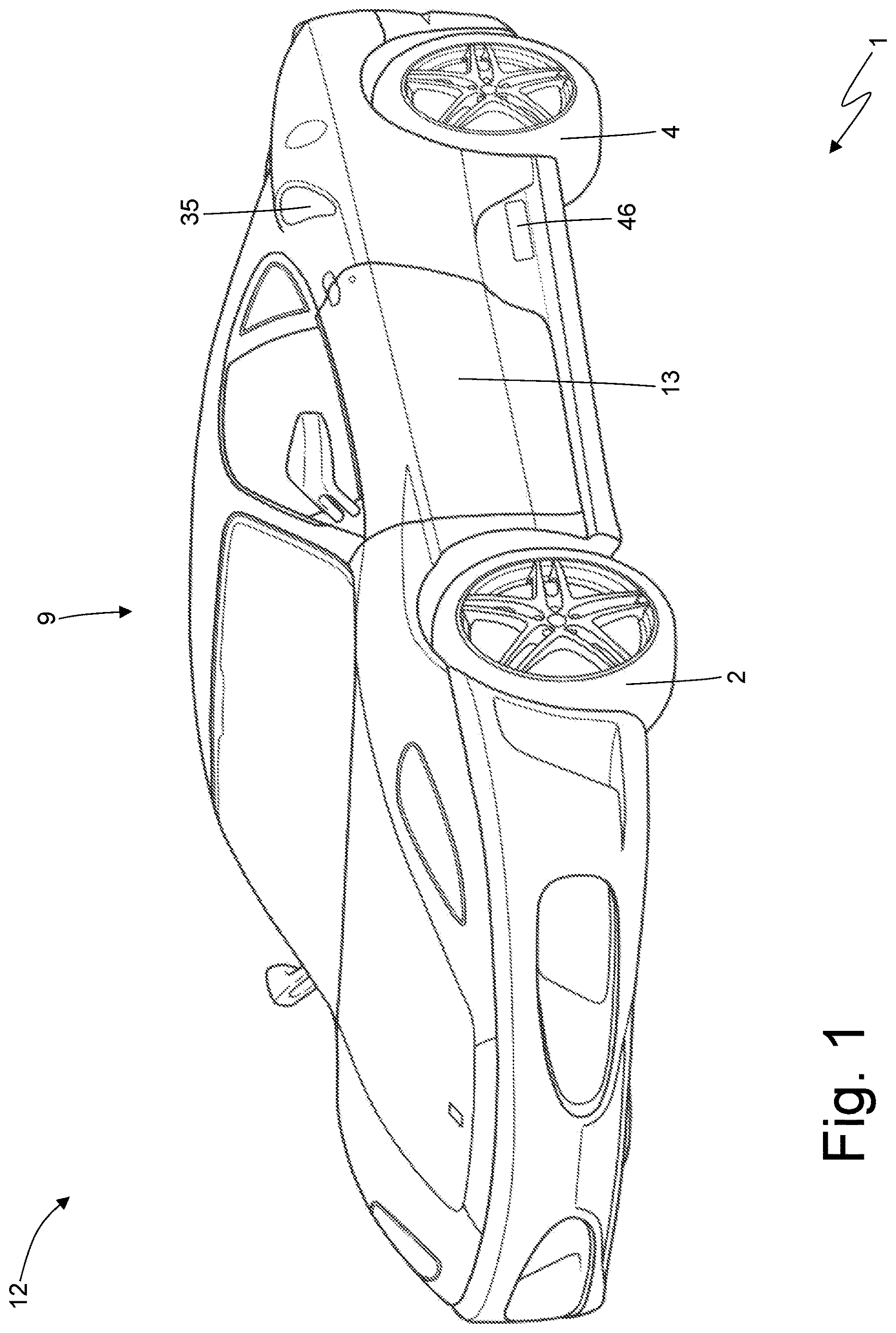Patent US12617264 Figure 1 – Car provided with an internal combustion engine arranged with the drive shaft up