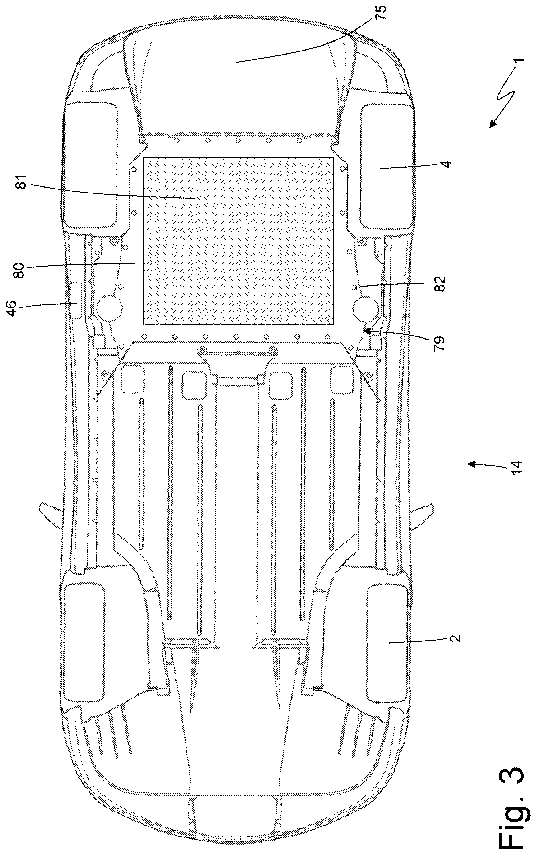 Patent US12617264 Figure 3 – Car provided with an internal combustion engine arranged with the drive shaft up