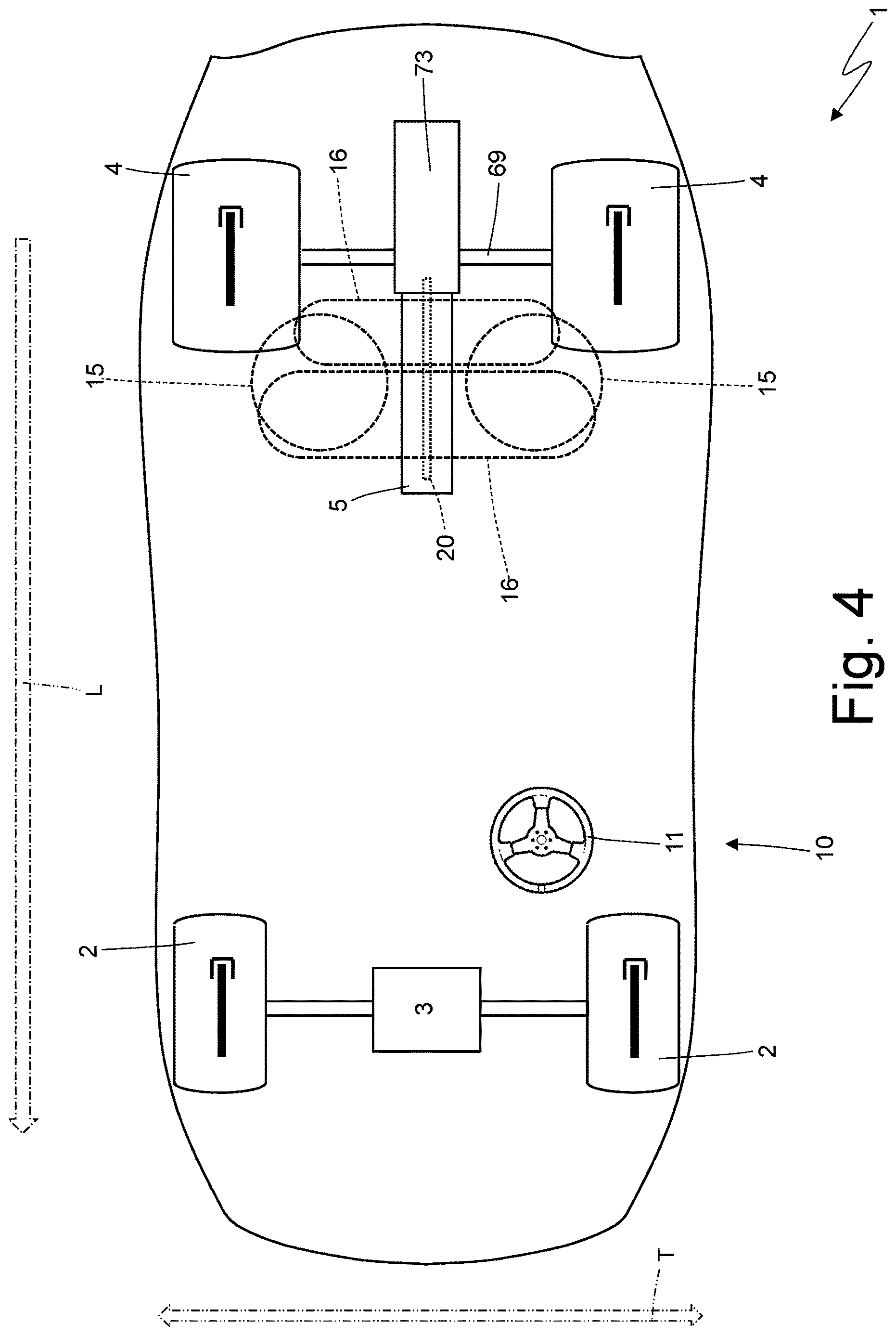 Patent US12617264 Figure 4 – Car provided with an internal combustion engine arranged with the drive shaft up