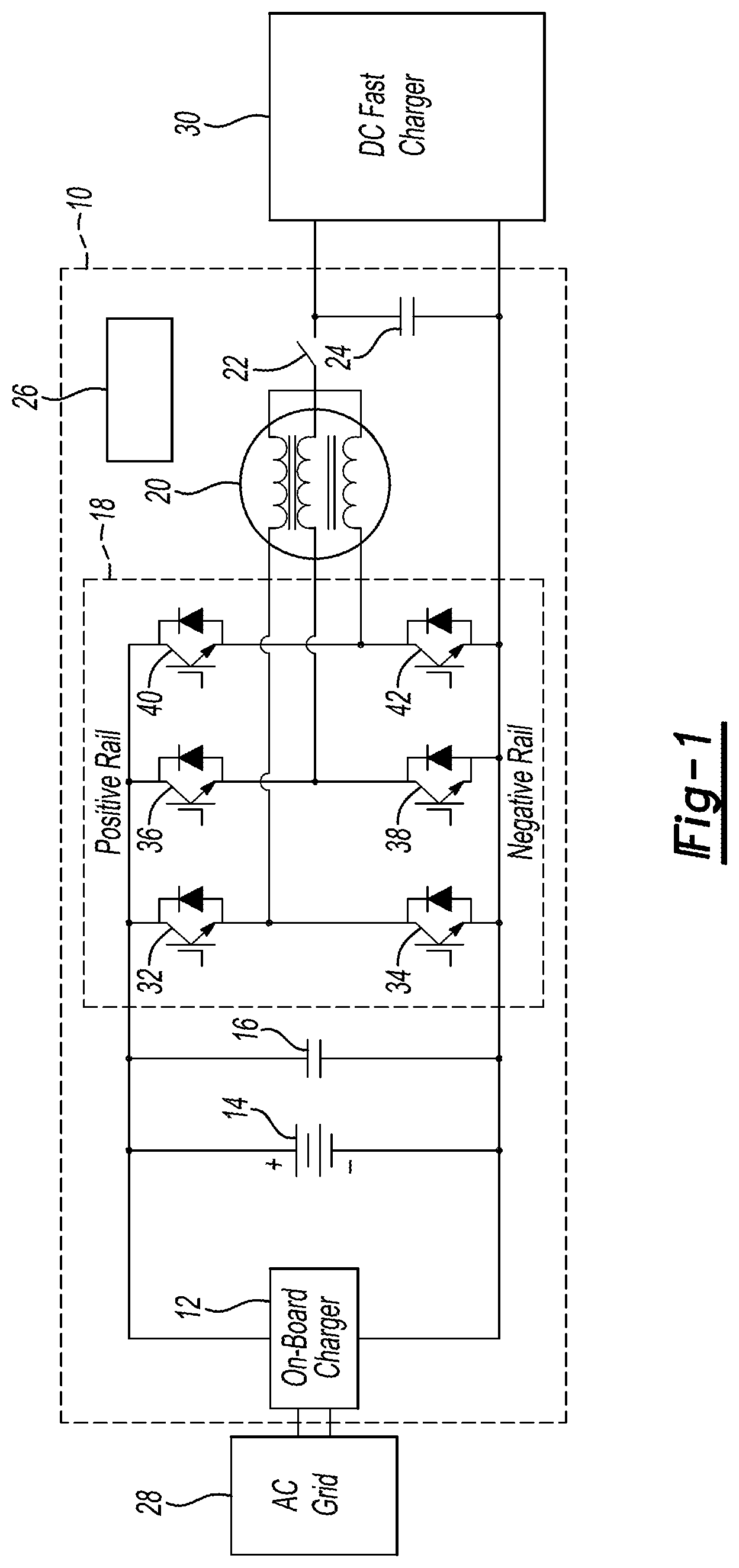 Patent US12617300 Figure 1 – Integrated vehicle power converter and battery charger