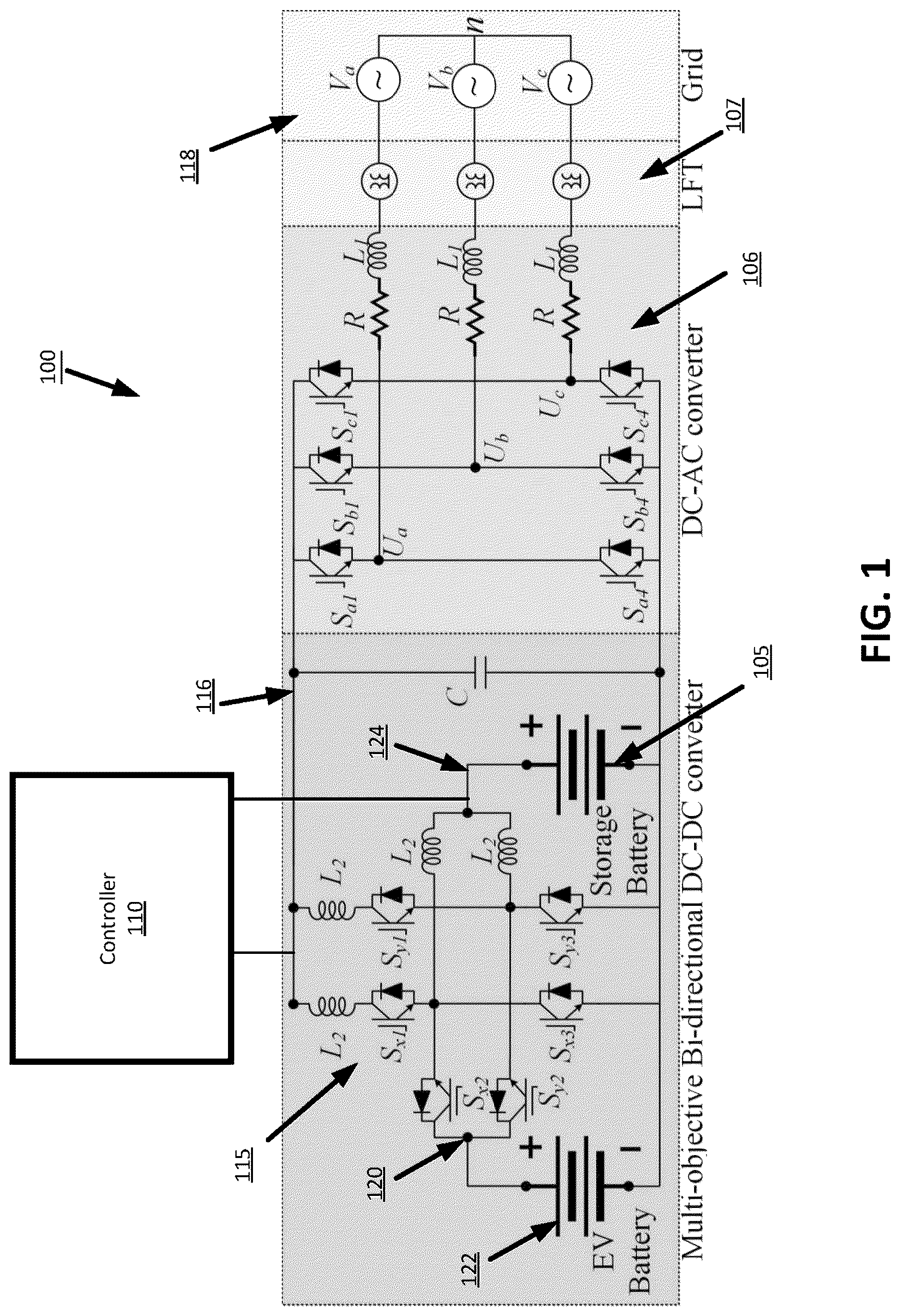 Patent US12617301 Figure 1 – Bidirectional multi-port DC-DC converter for mobile charging applications