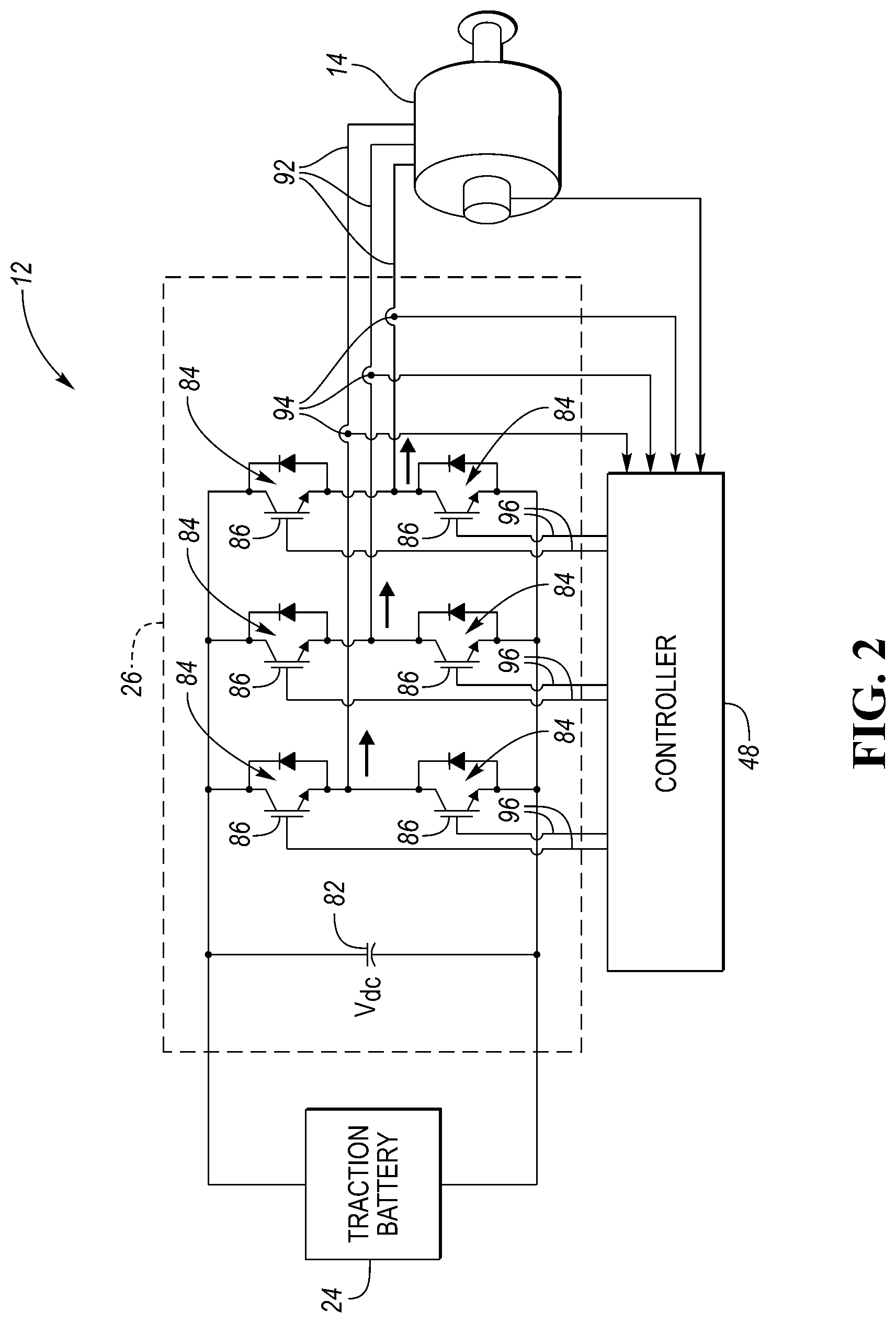 Patent US12617303 Figure 2 – Vehicular electric drive system including traction battery, inverter, and motor having self-heater arrangement