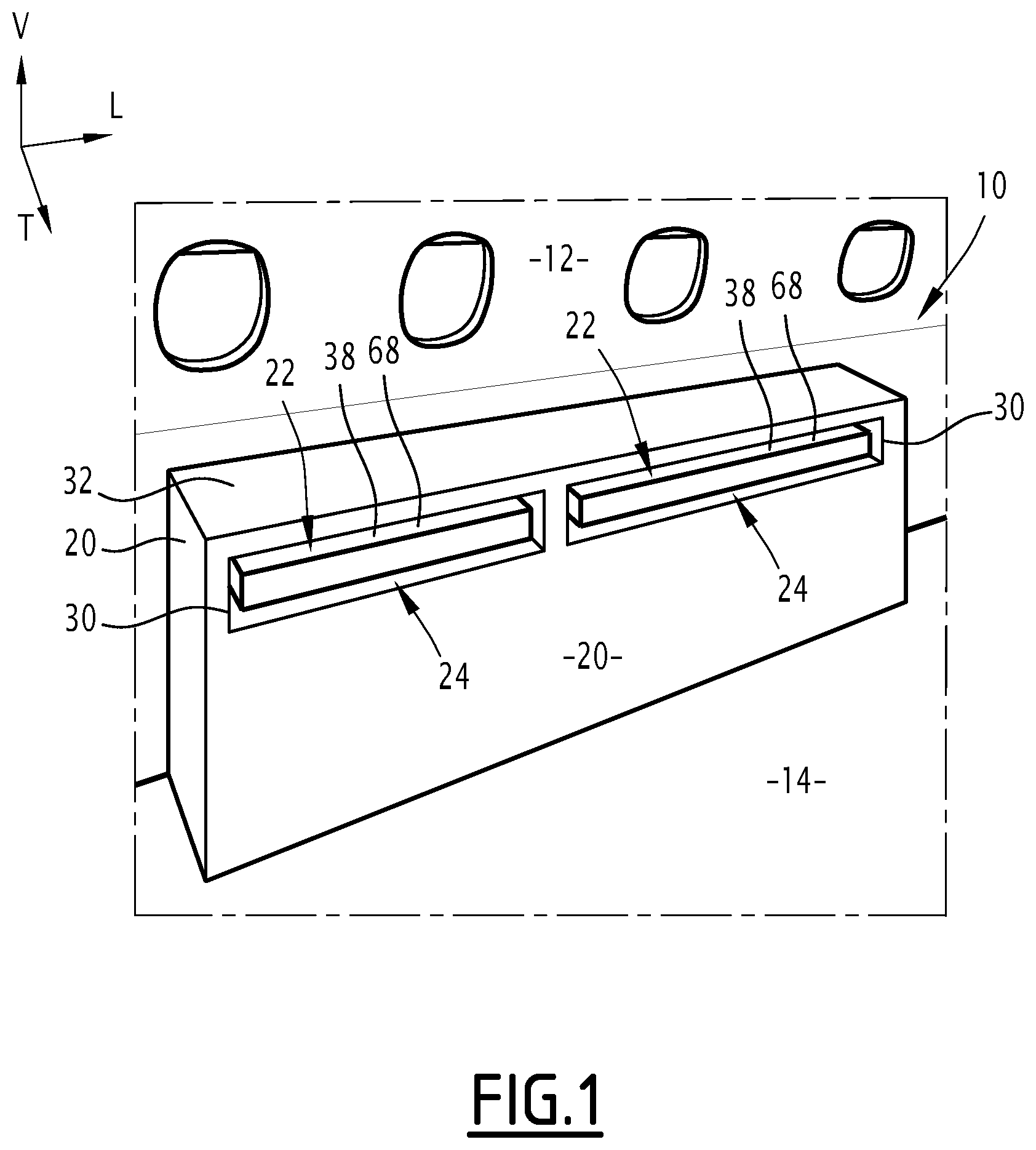 Patent US12617325 Figure 1 – Support device for an aircraft cabin interior layout assembly, related assembly and method