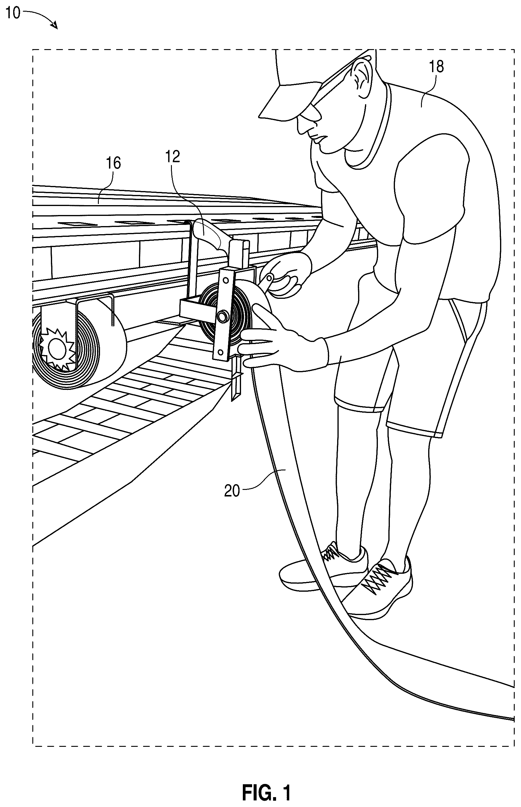 Patent US12617330 Figure 1 – Strap winding apparatus for load securing straps and methods of use