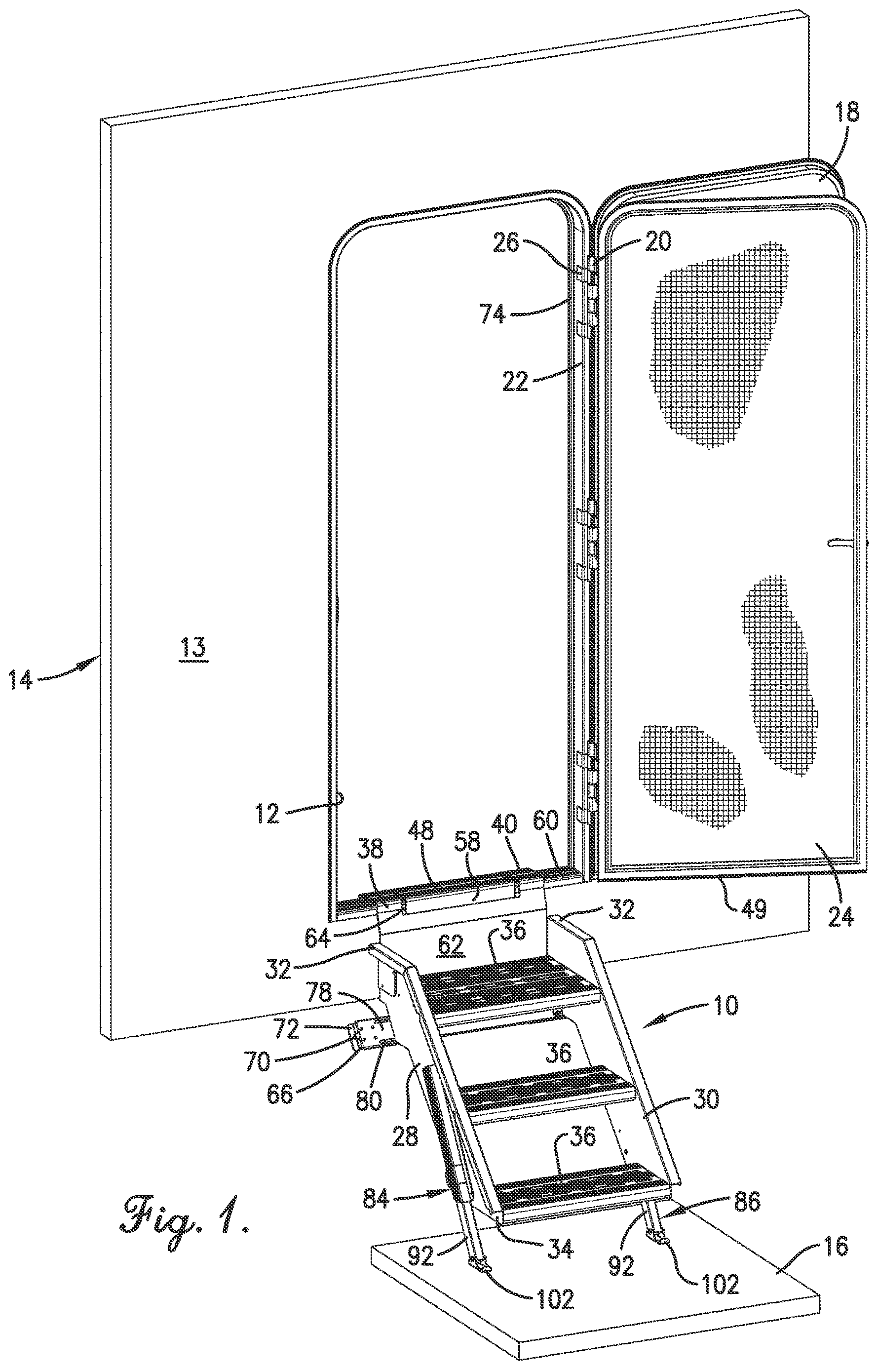 Patent US12617343 Figure 1 – Retractable stairs for a recreational vehicle