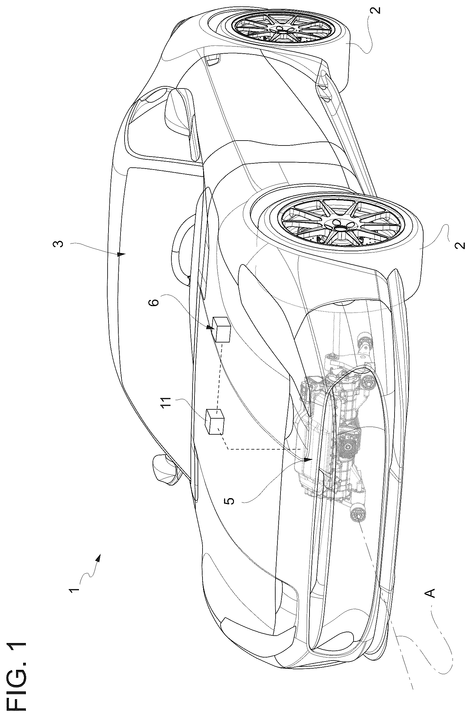 Patent US12617357 Figure 1 – Luminous device for turning on a road vehicle and relative road vehicle