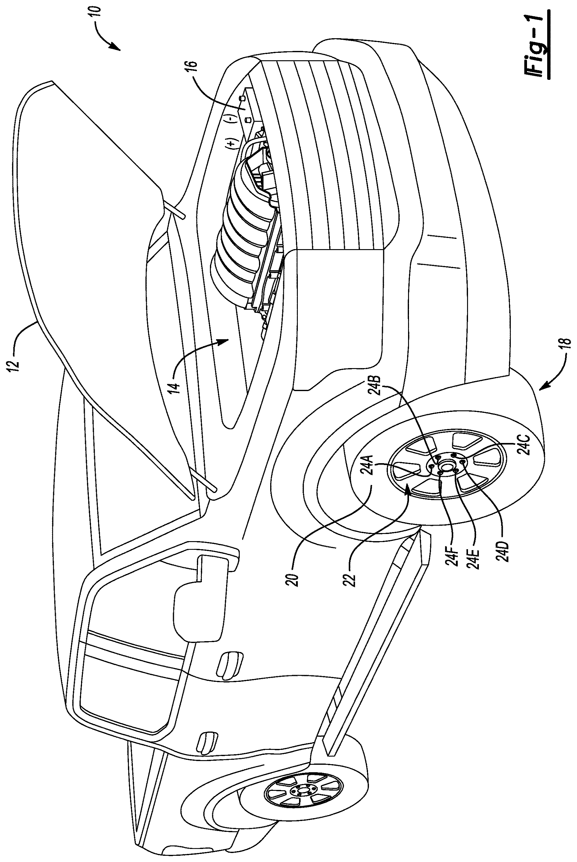 Patent US12617359 Figure 1 – Clamp assembly for vehicle battery configured to interface with locking lug nut key