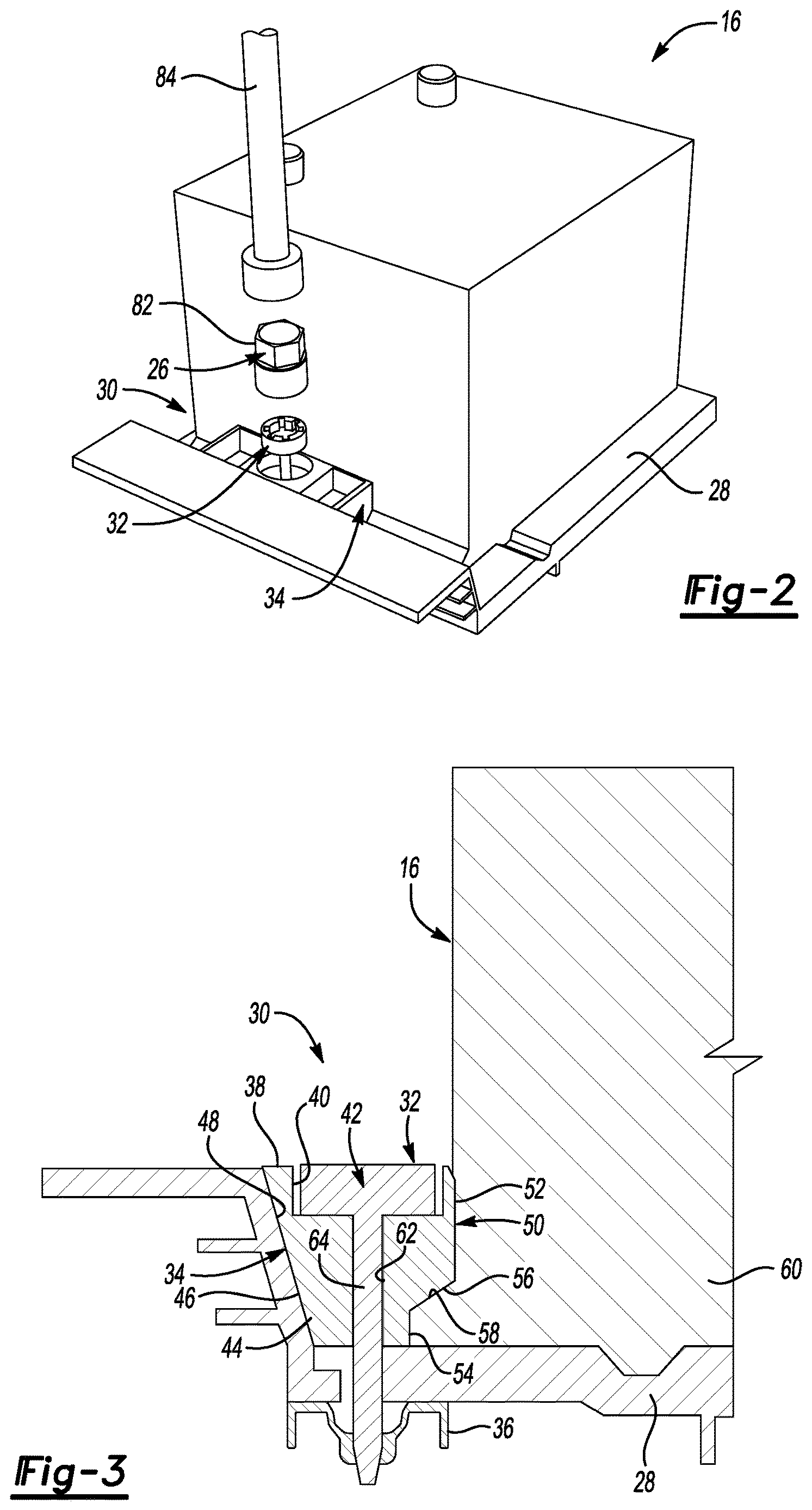 Patent US12617359 Figure 2 – Clamp assembly for vehicle battery configured to interface with locking lug nut key