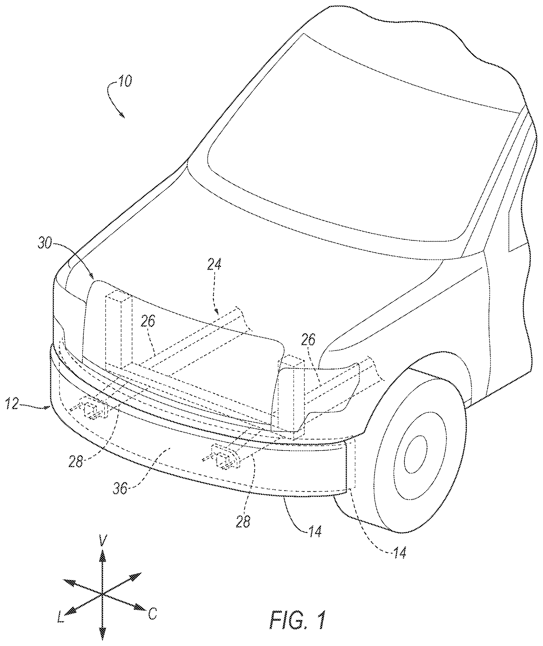 Patent US12617360 — Retractable bumper assembly with actuator based on vehicle speed — Figure 1