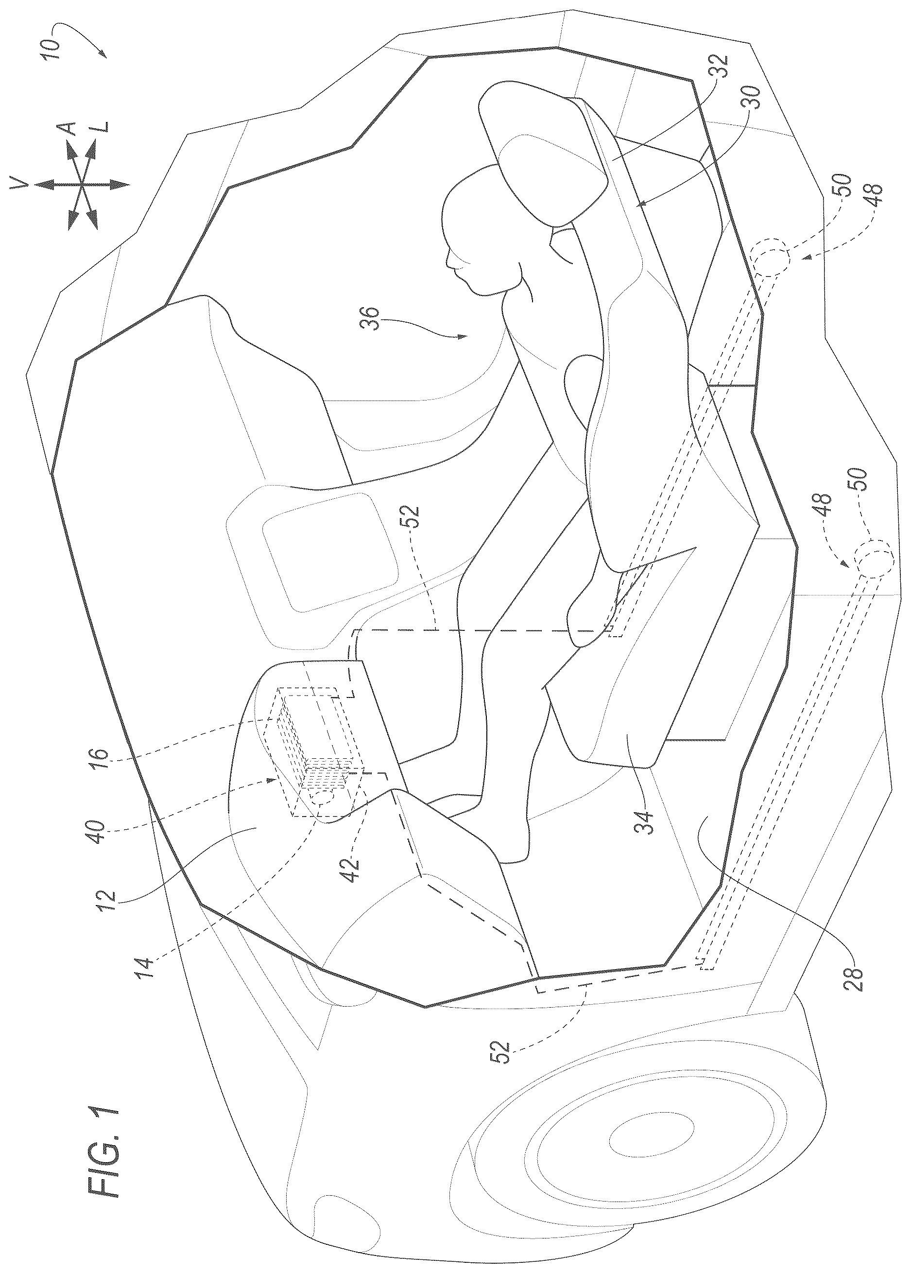 Patent US12617363 Figure 1 – Vehicle airbag assembly with tethered airbag