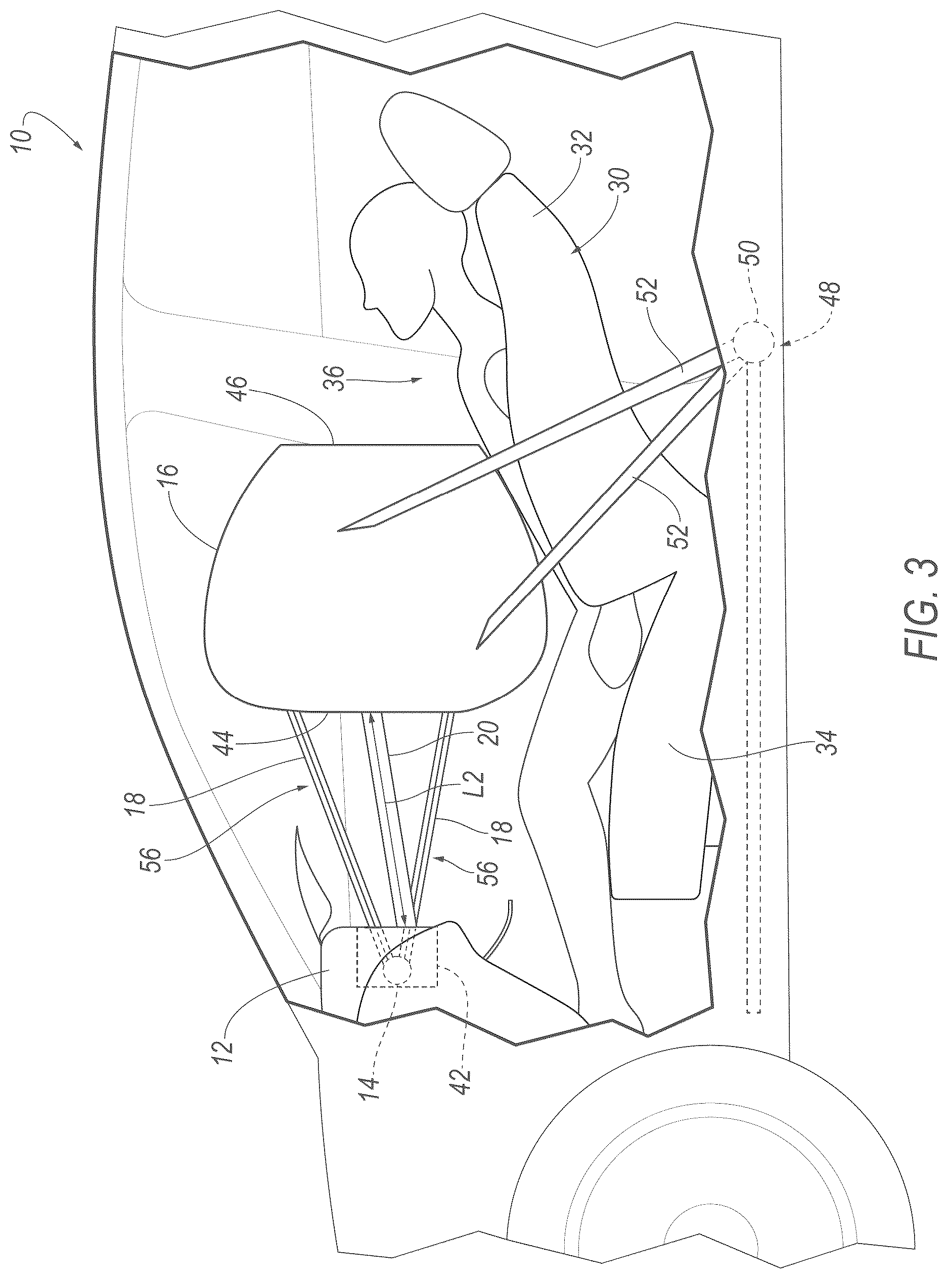 Patent US12617363 Figure 3 – Vehicle airbag assembly with tethered airbag