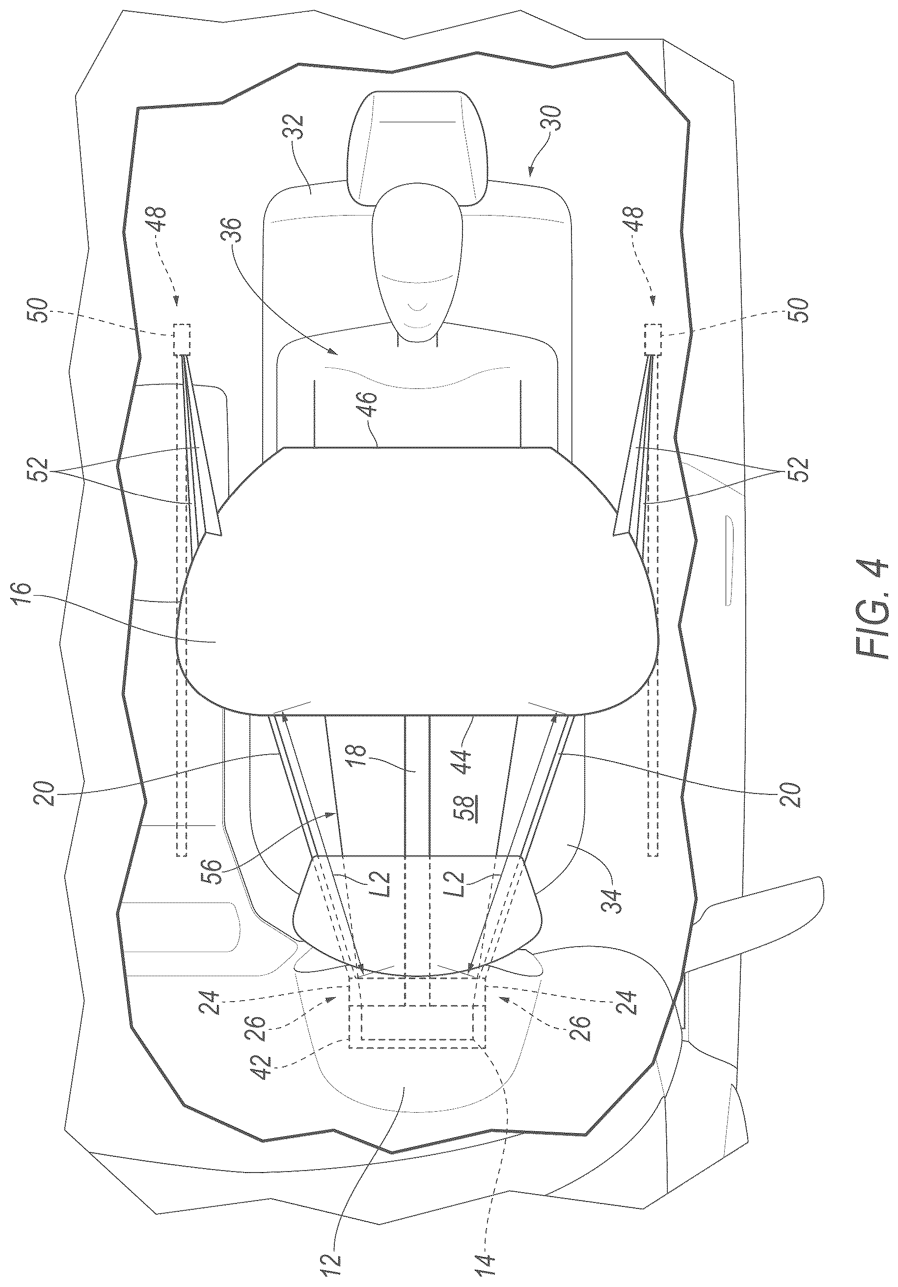 Patent US12617363 Figure 4 – Vehicle airbag assembly with tethered airbag