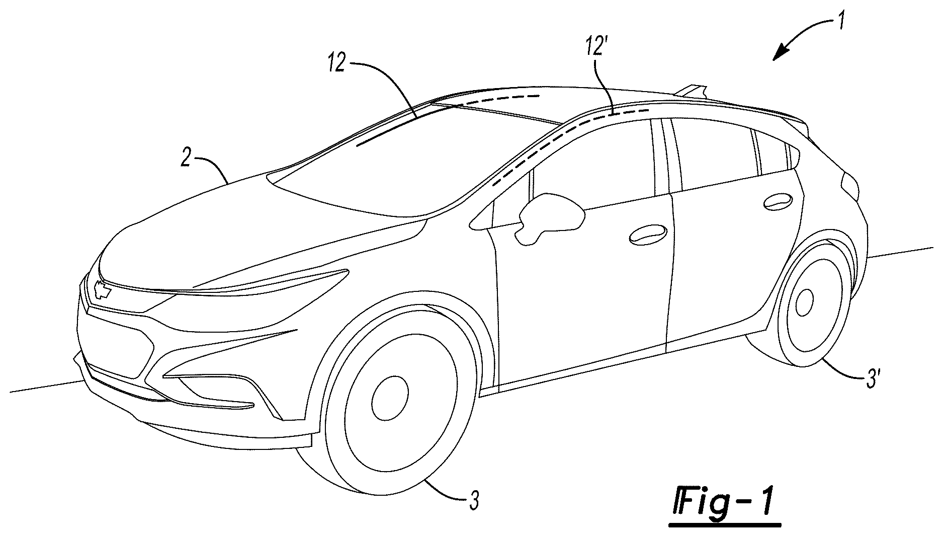 Patent US12617365 Figure 1 – Integrated roof rail airbag and interior trim assembly for automotive vehicles