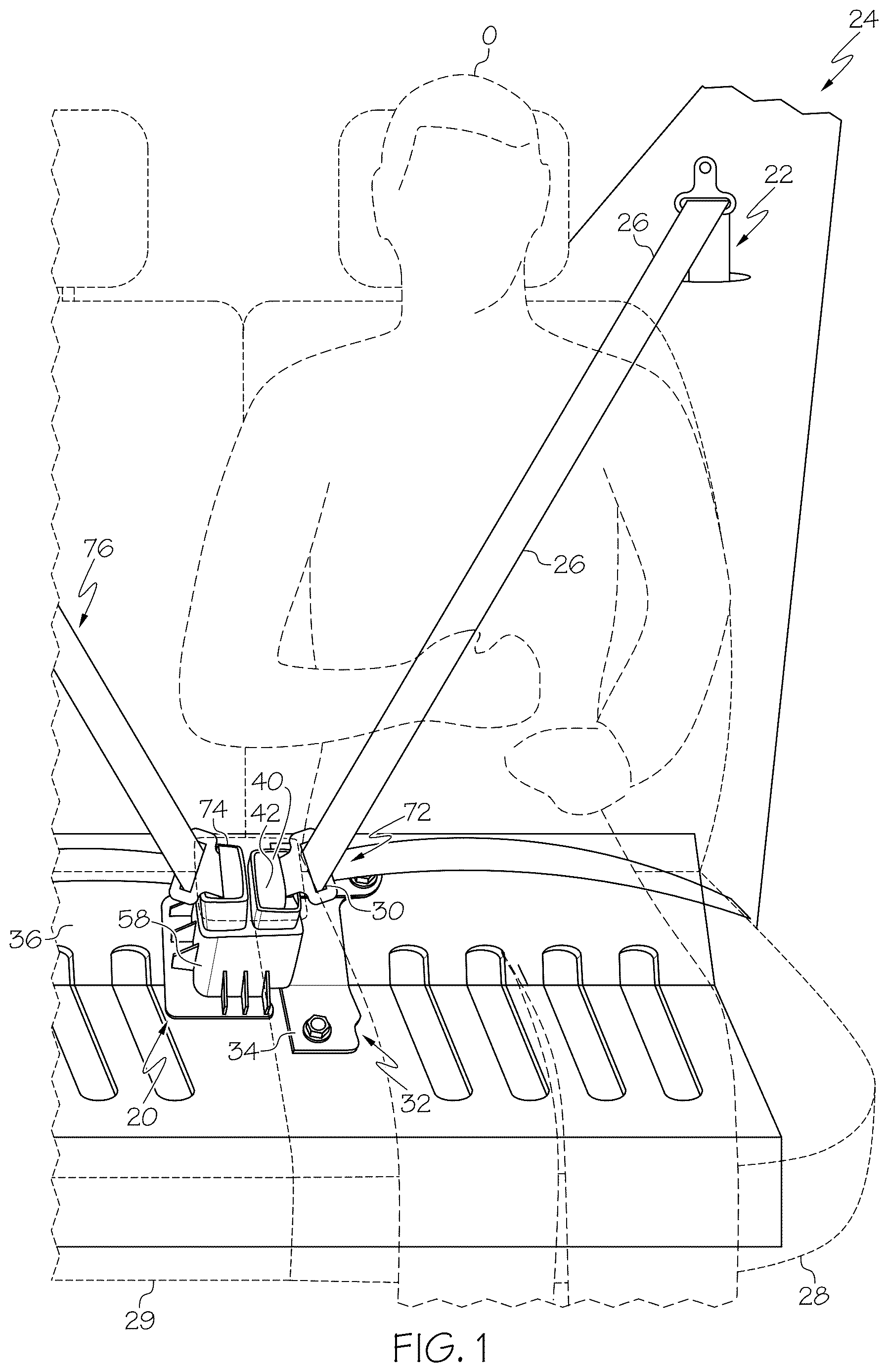 Patent US12617368 Figure 1 – Seat belt buckle assemblies for use with a seat belt of a vehicle