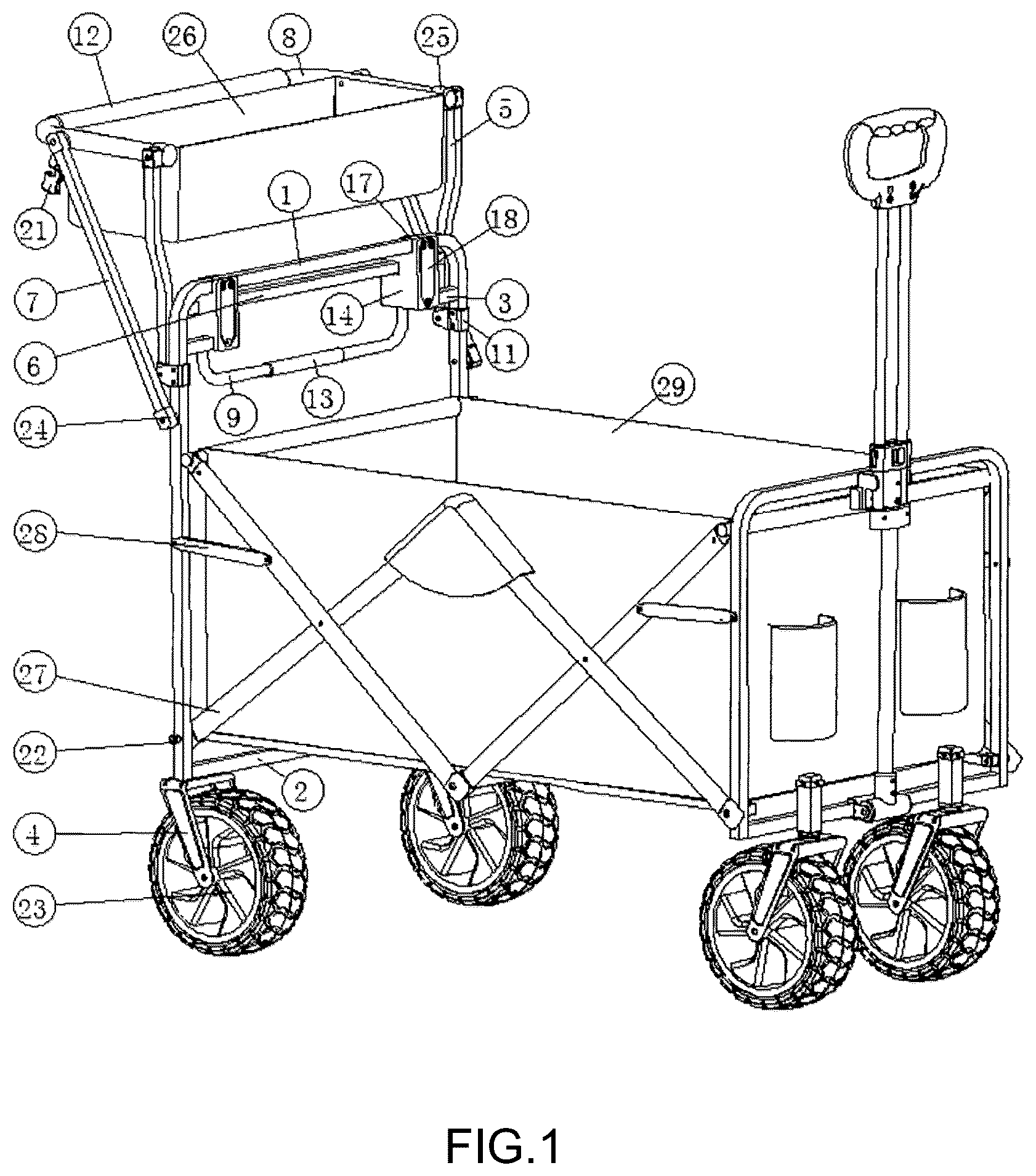 Patent US12617442 Figure 1 – Collapsible wagon with foldable handle and basket extension