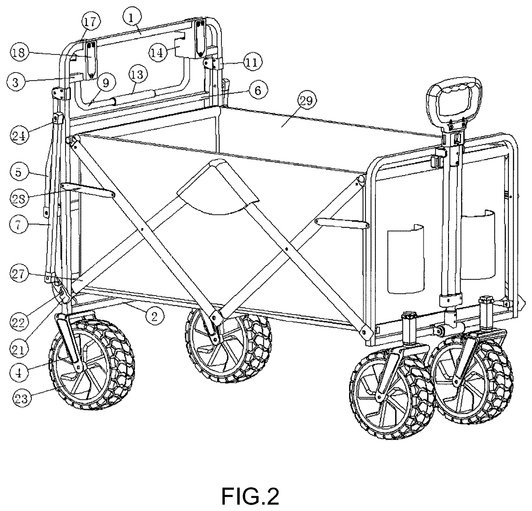 Patent US12617442 Figure 2 – Collapsible wagon with foldable handle and basket extension