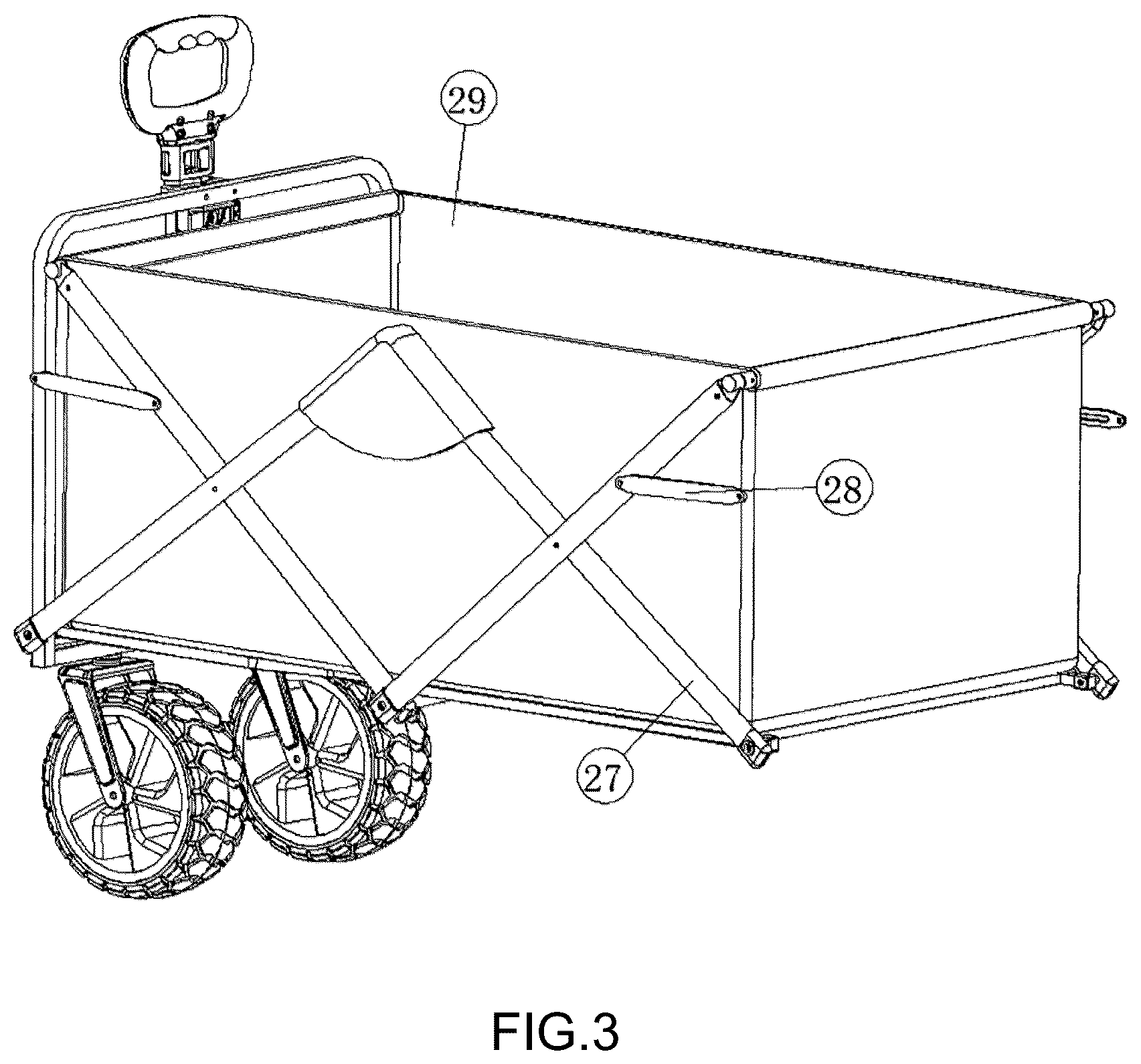 Patent US12617442 Figure 3 – Collapsible wagon with foldable handle and basket extension