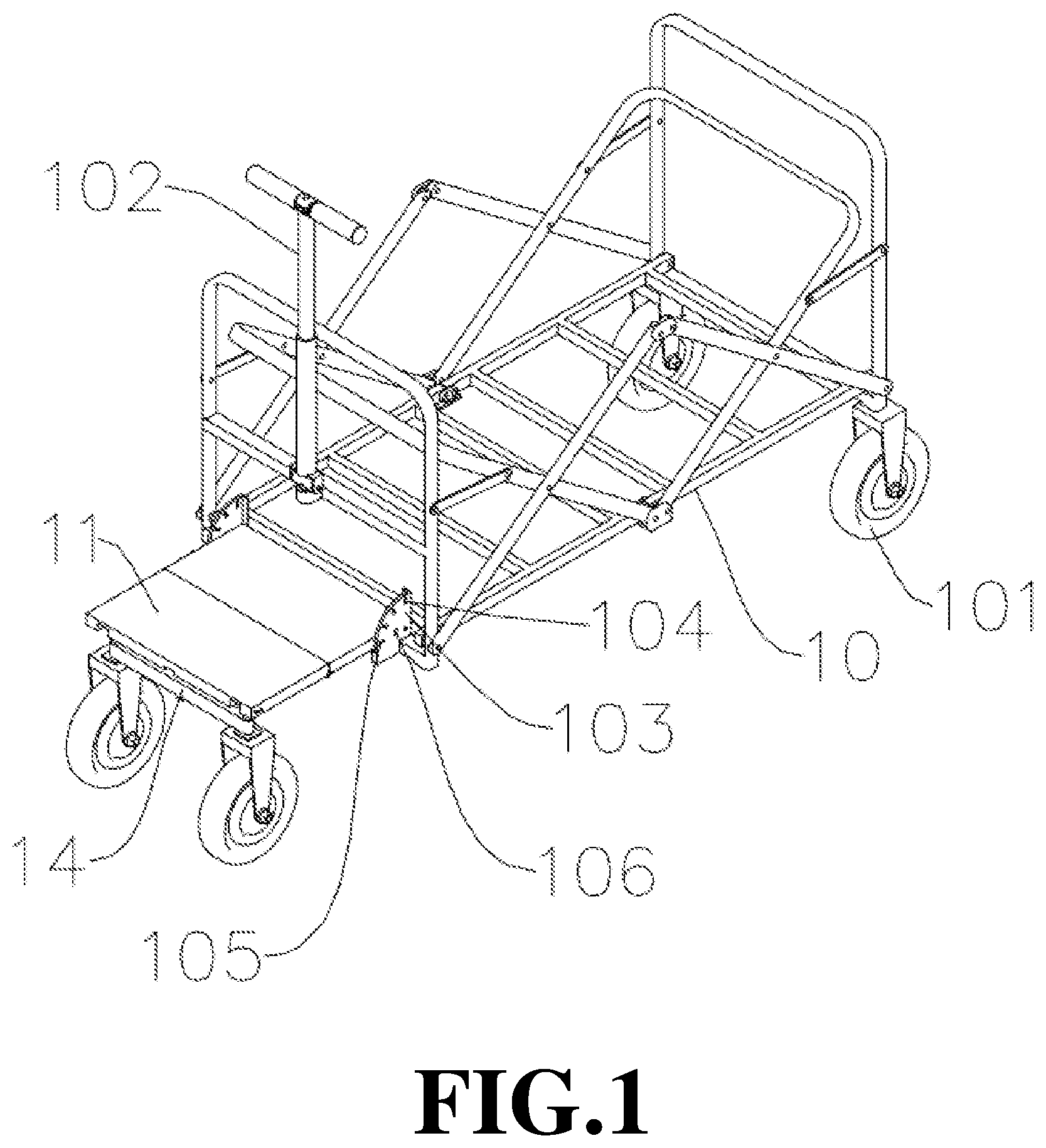 Patent US12617443 Figure 1 – Manned folding pedal of outdoor foldable electric trailer