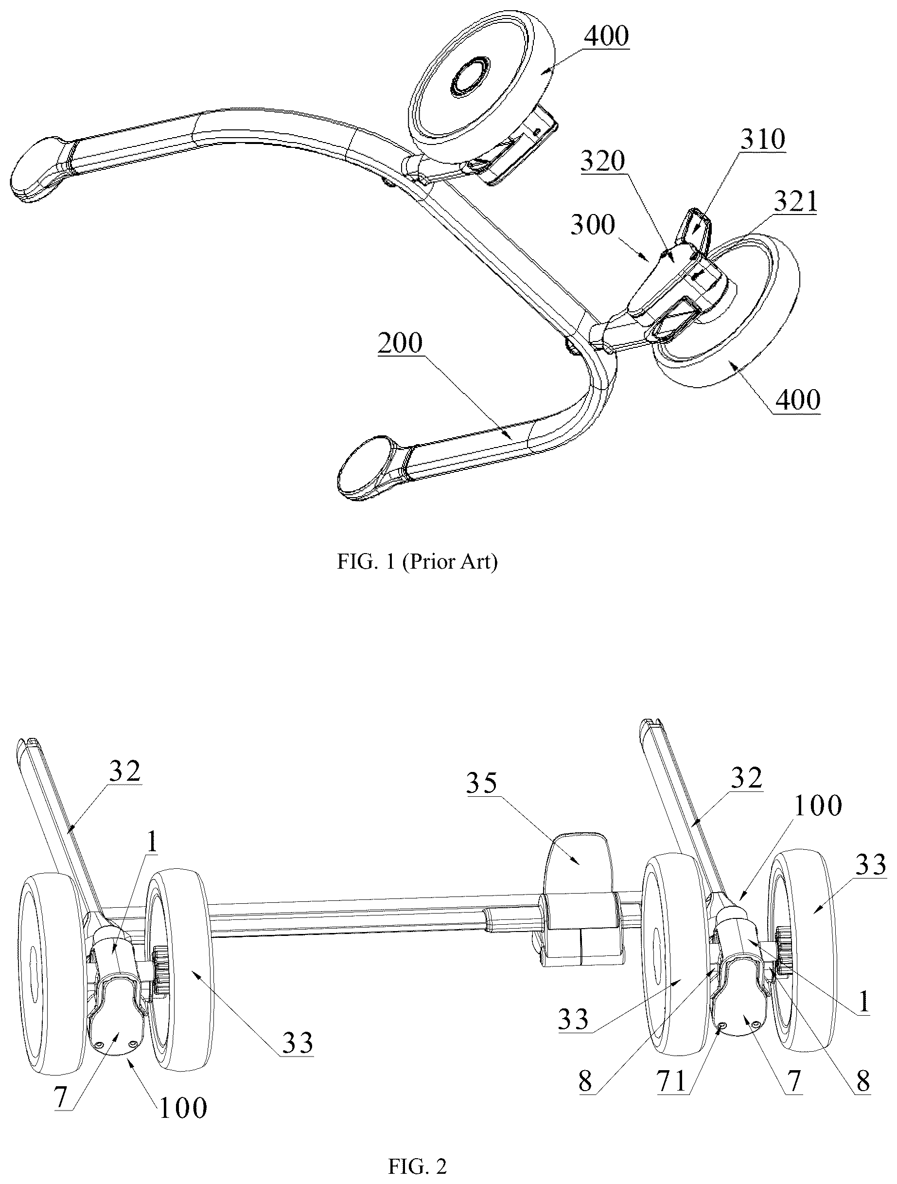 Patent US12617447 Figure 1 – Wheel braking mechanism, frame, and child carrier