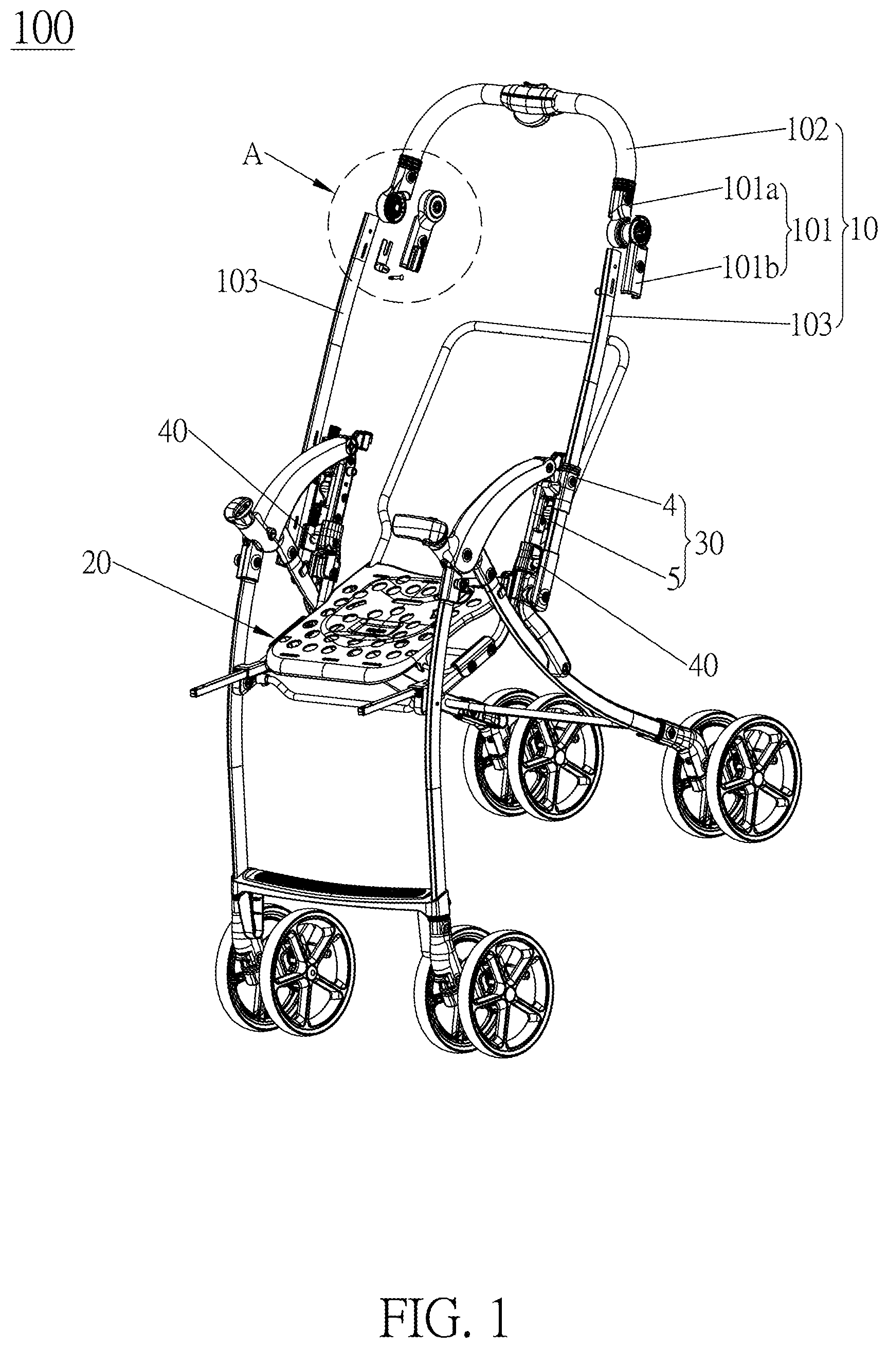 Patent US12617448 Figure 1 – Stroller and reversible mechanism thereof