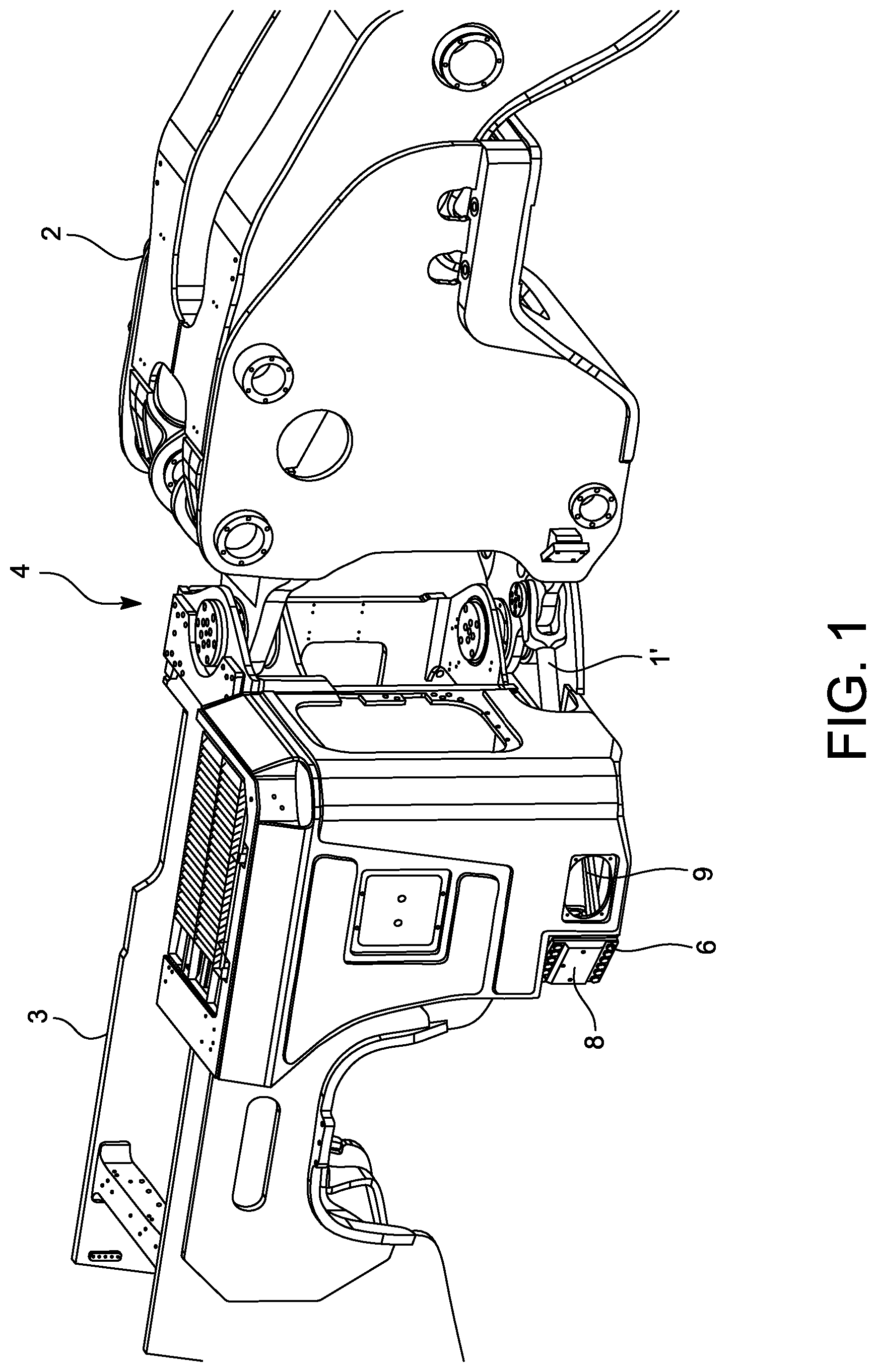 Patent US12617463 Figure 1 – Hydraulic cylinder mounting arrangement
