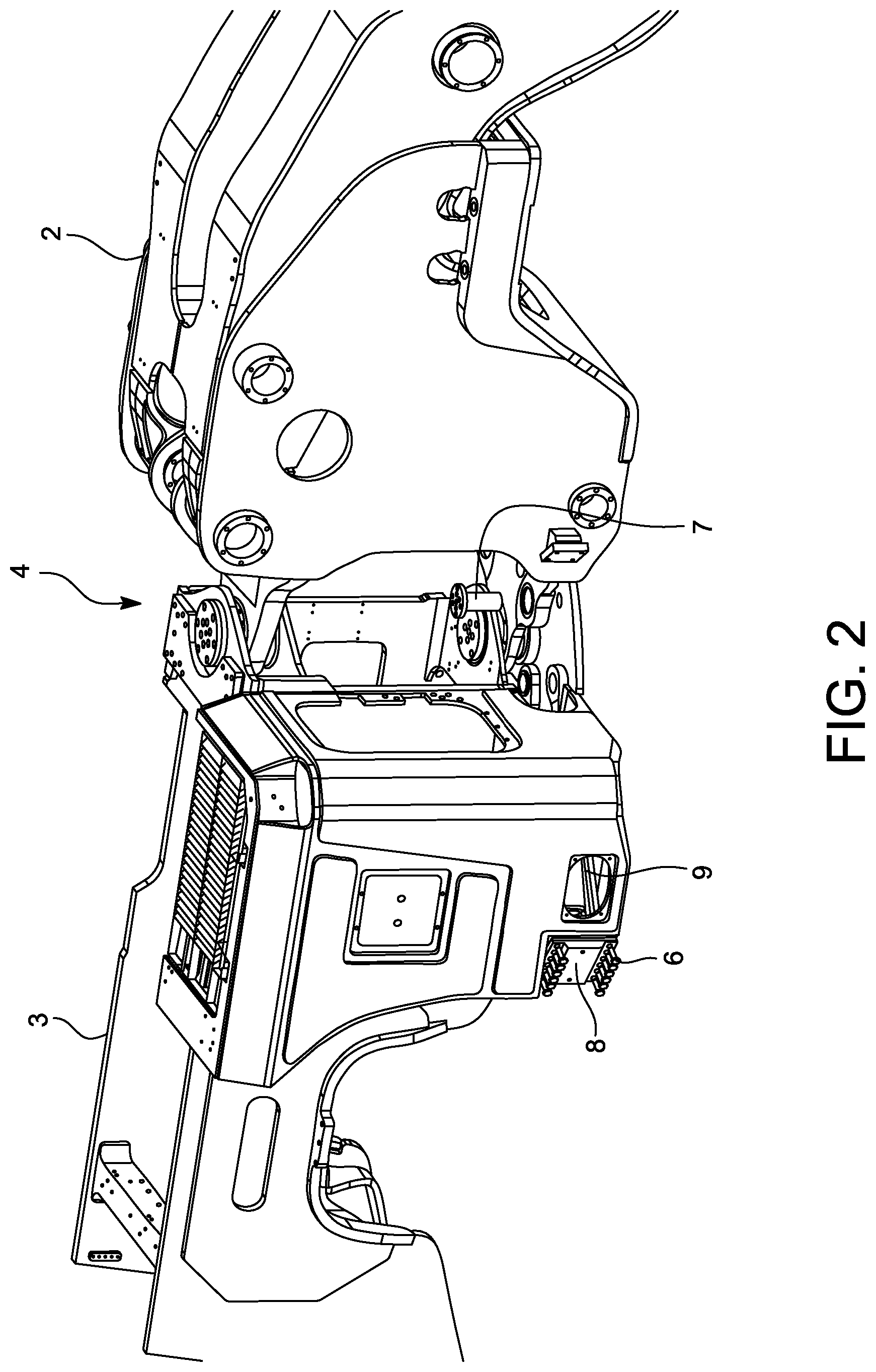 Patent US12617463 Figure 2 – Hydraulic cylinder mounting arrangement