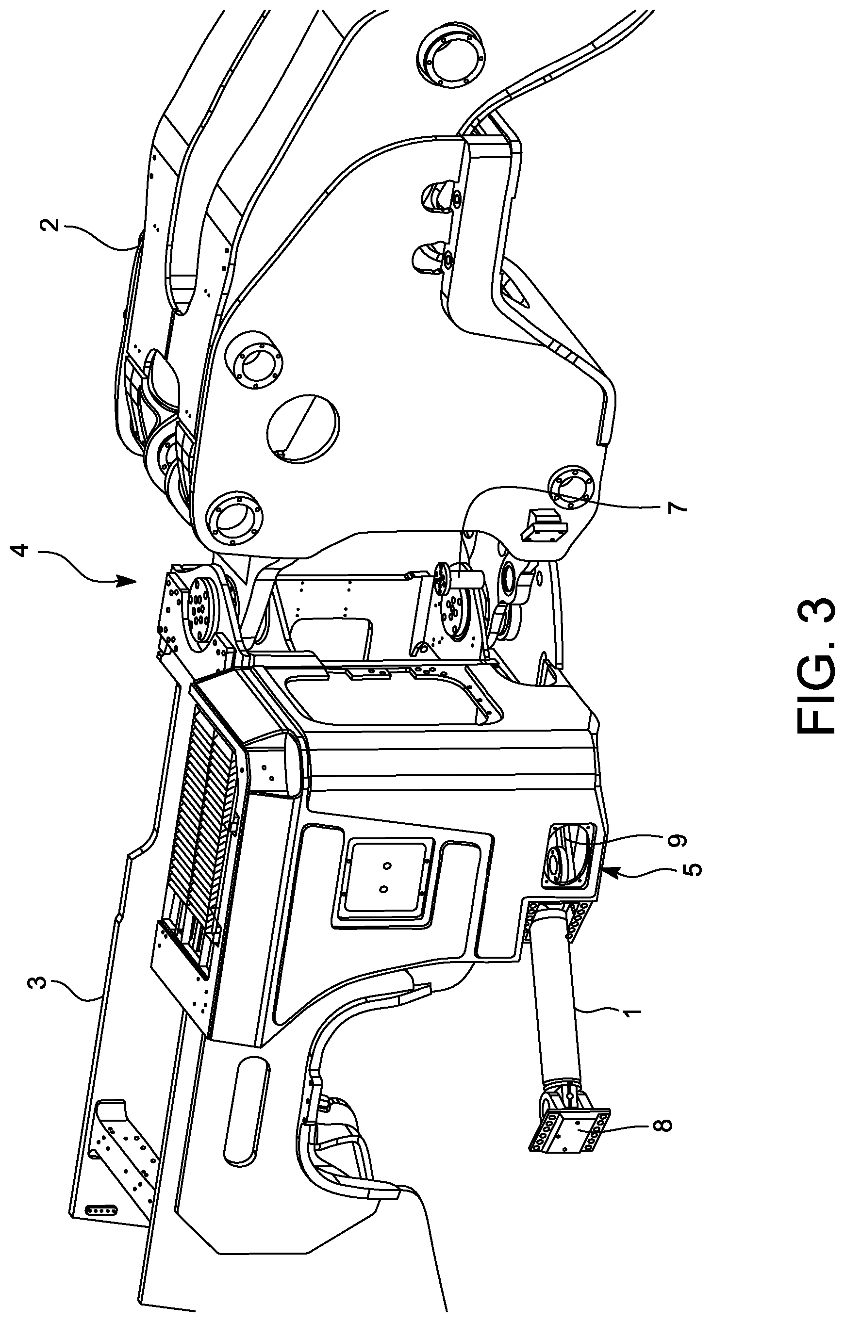 Patent US12617463 Figure 3 – Hydraulic cylinder mounting arrangement