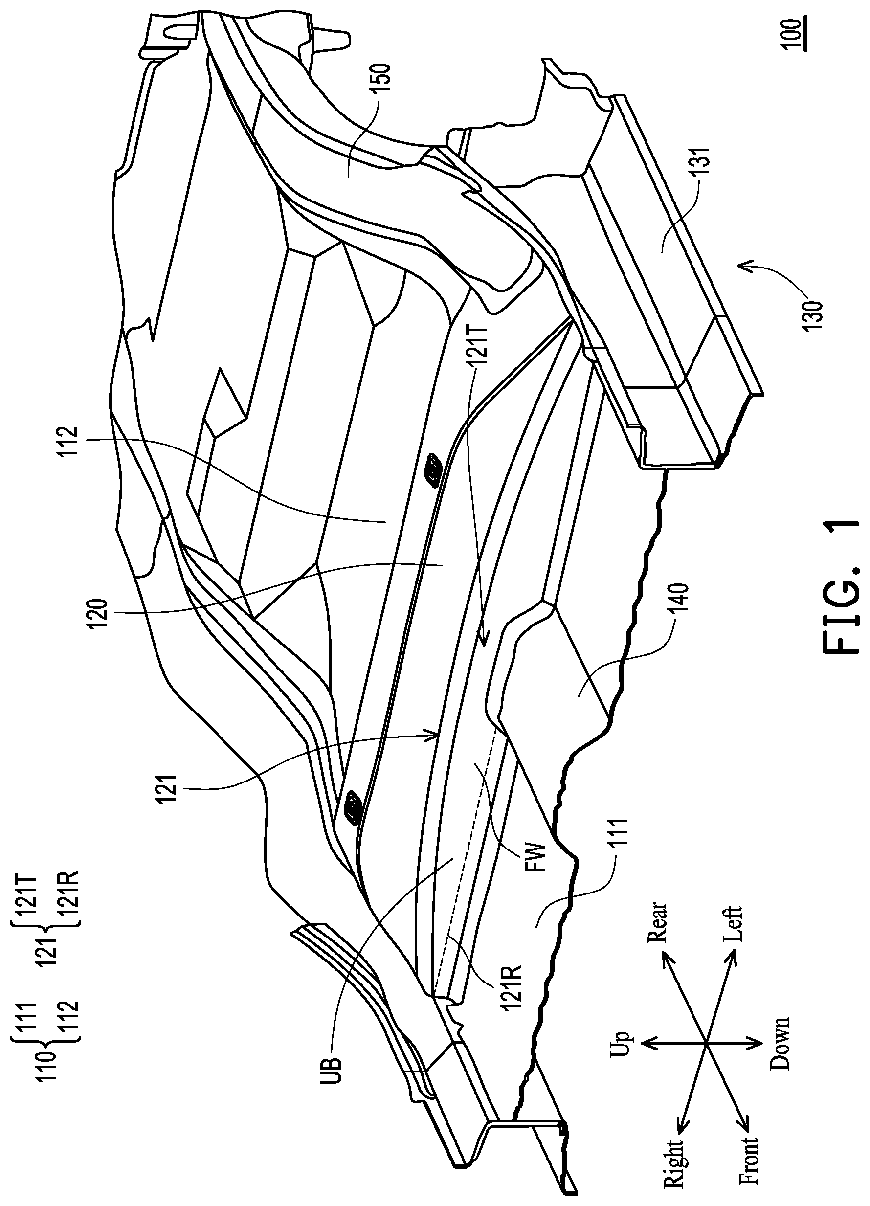 Patent US12617473 Figure 1 – Vehicle body floor structure