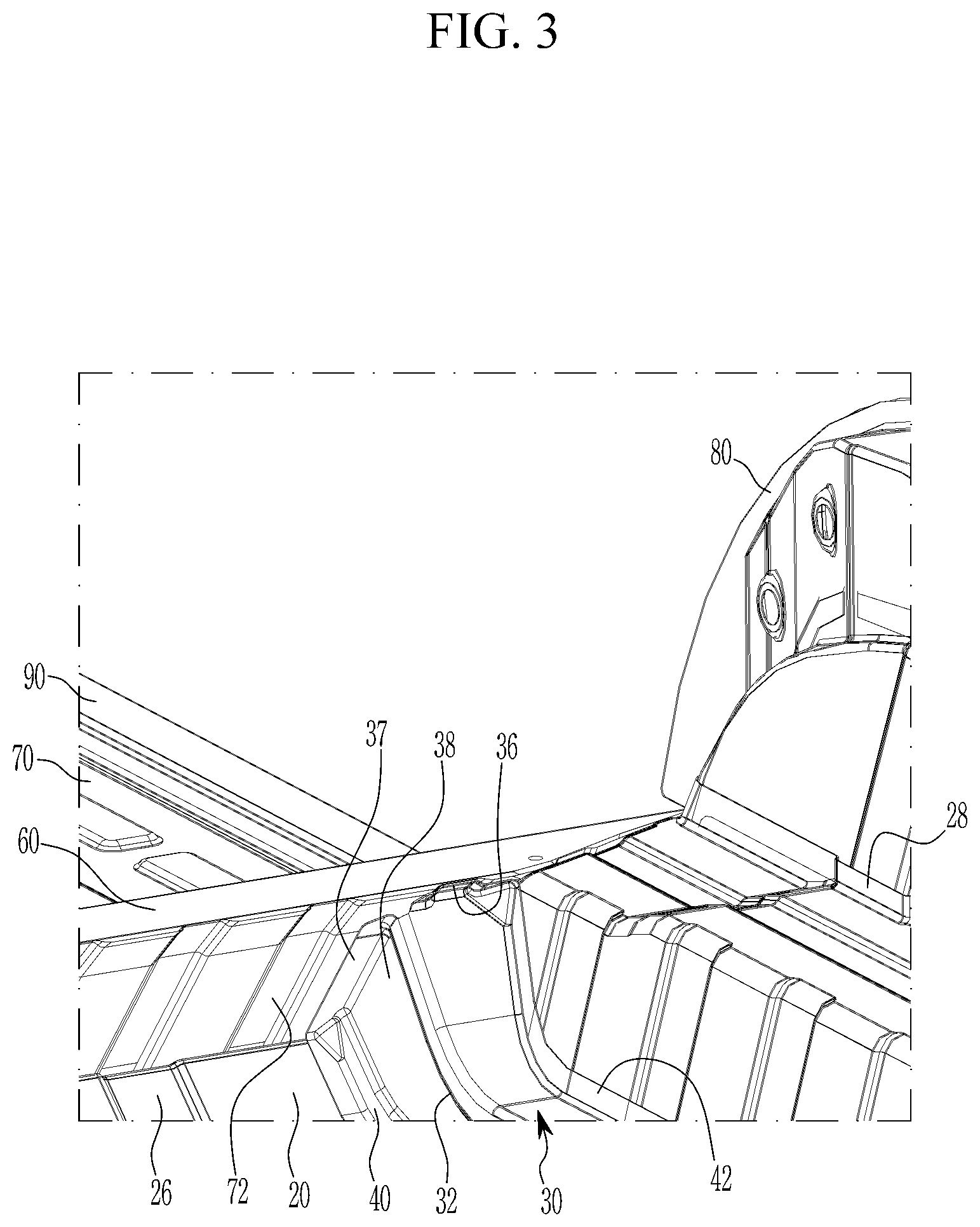 Patent US12617475 Figure 3 – Vehicle body rear structure