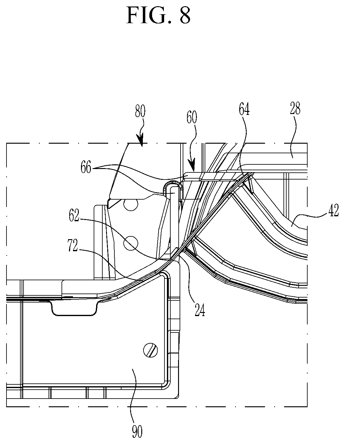 Patent US12617475 Figure 8 – Vehicle body rear structure