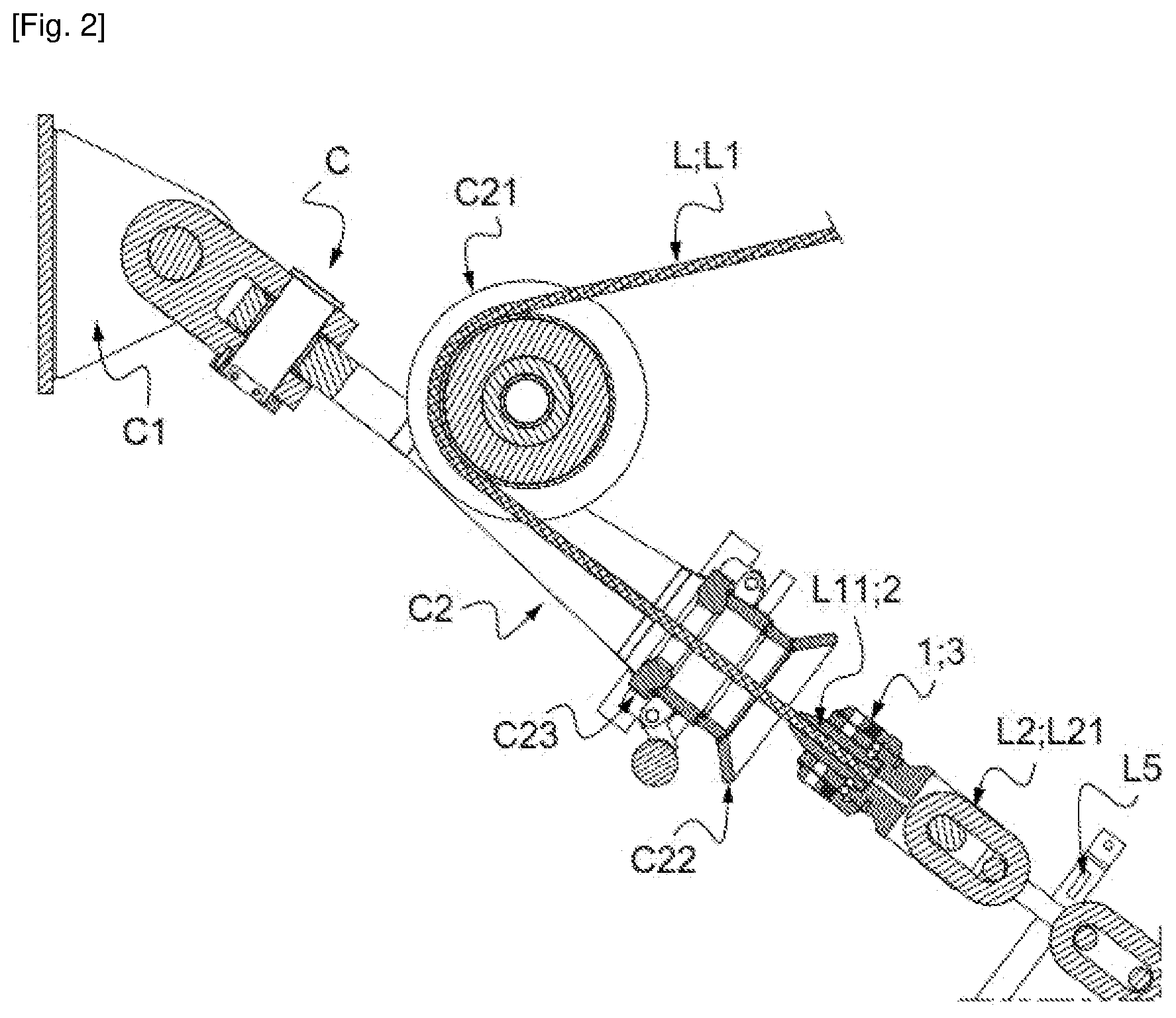 Patent US12617496 Figure 2 – Mechanical connection device, designed for the removable mechanical connection of the free ends of two offshore lines