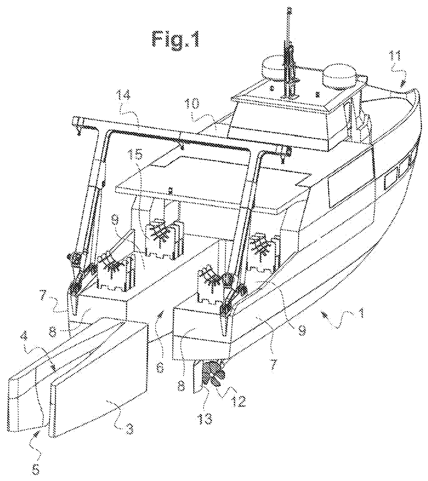 Patent US12617497 Figure 1 – Ship comprising a system for adapting a removable module and adapted removable module