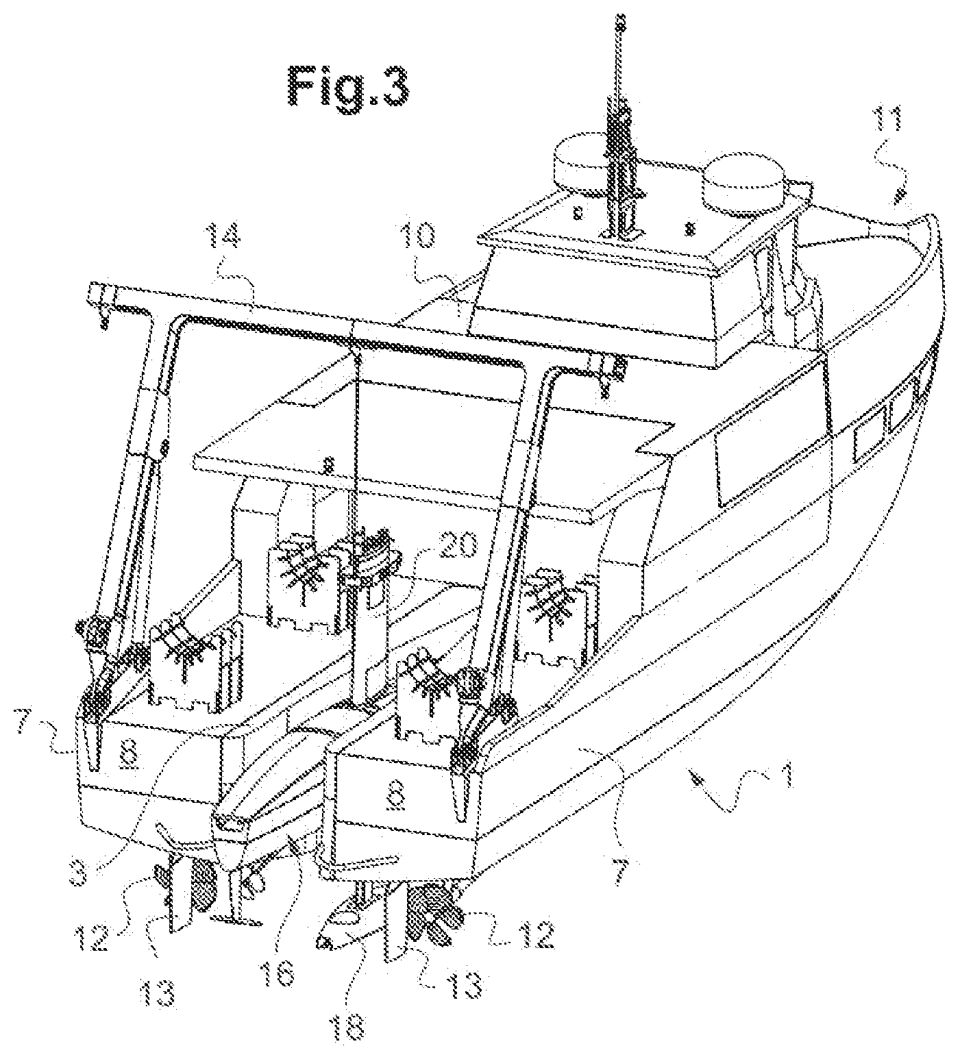Patent US12617497 Figure 3 – Ship comprising a system for adapting a removable module and adapted removable module
