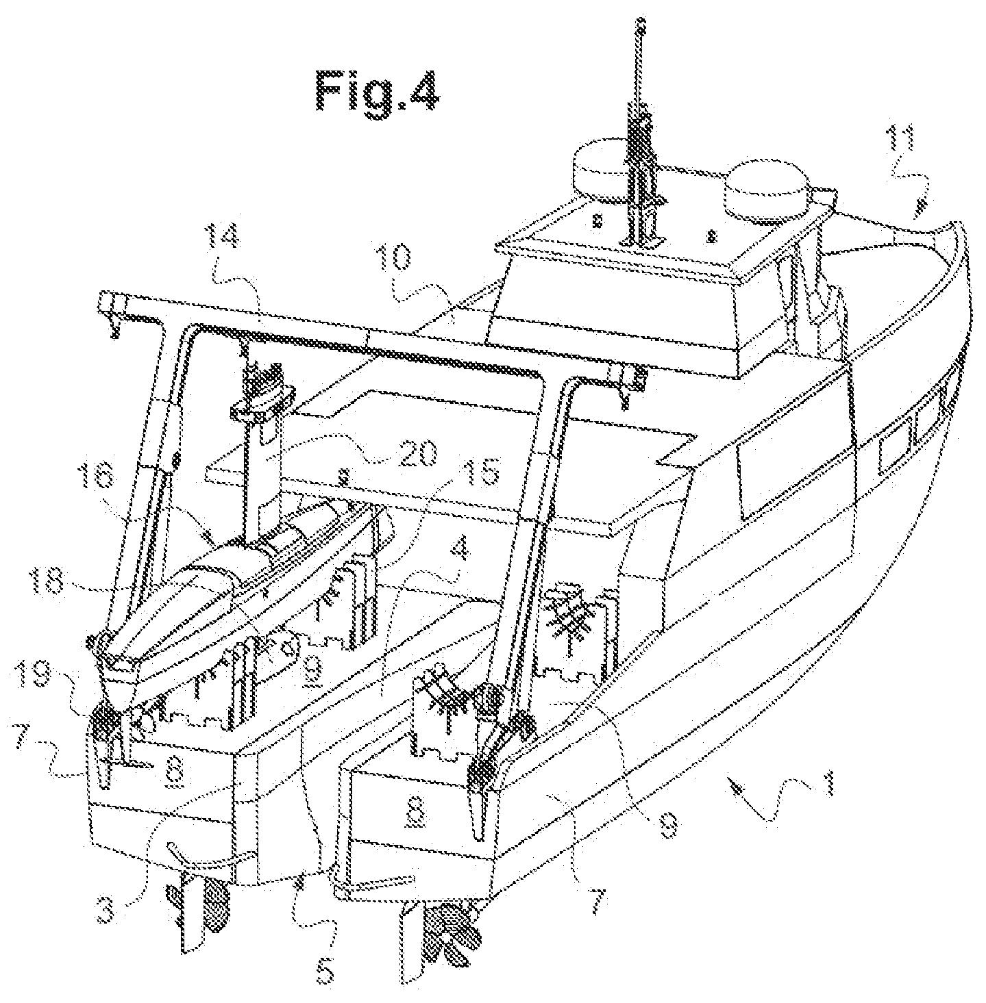 Patent US12617497 Figure 4 – Ship comprising a system for adapting a removable module and adapted removable module