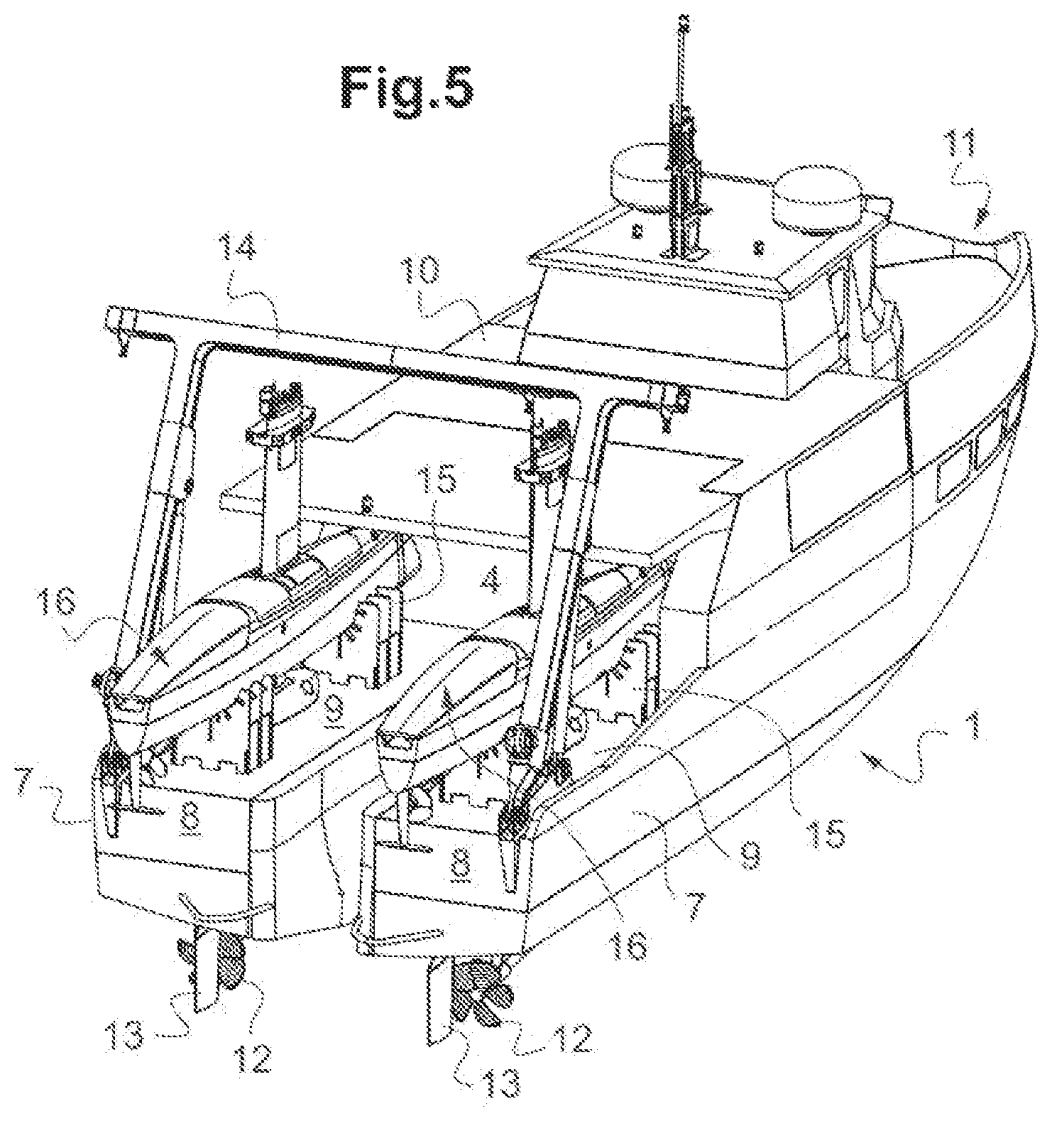 Patent US12617497 Figure 5 – Ship comprising a system for adapting a removable module and adapted removable module