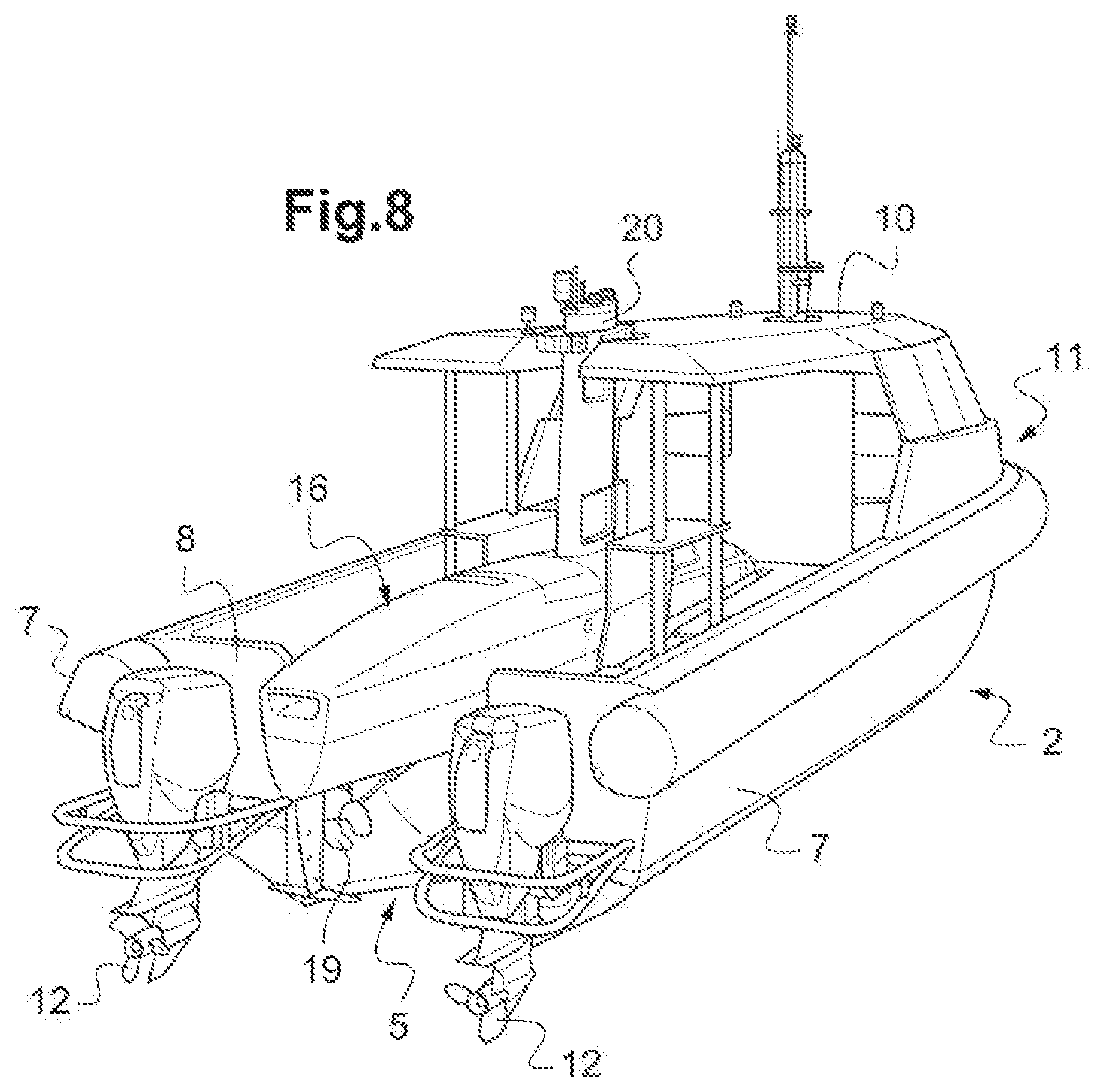 Patent US12617497 Figure 8 – Ship comprising a system for adapting a removable module and adapted removable module
