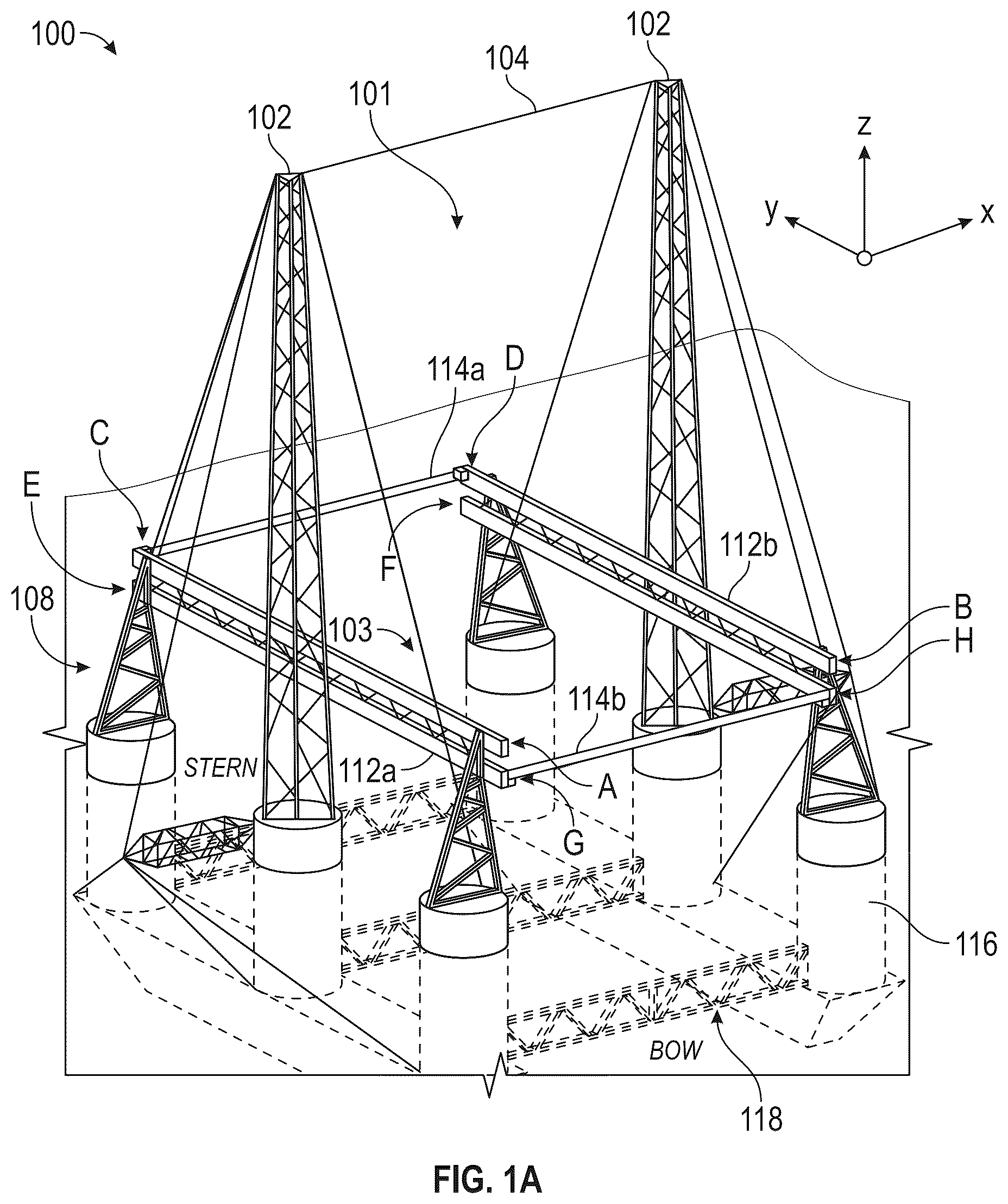 Patent US12617557 Figure 1 – System for receiving a descending rocket on a semisubmersible vessel using a suspended cable