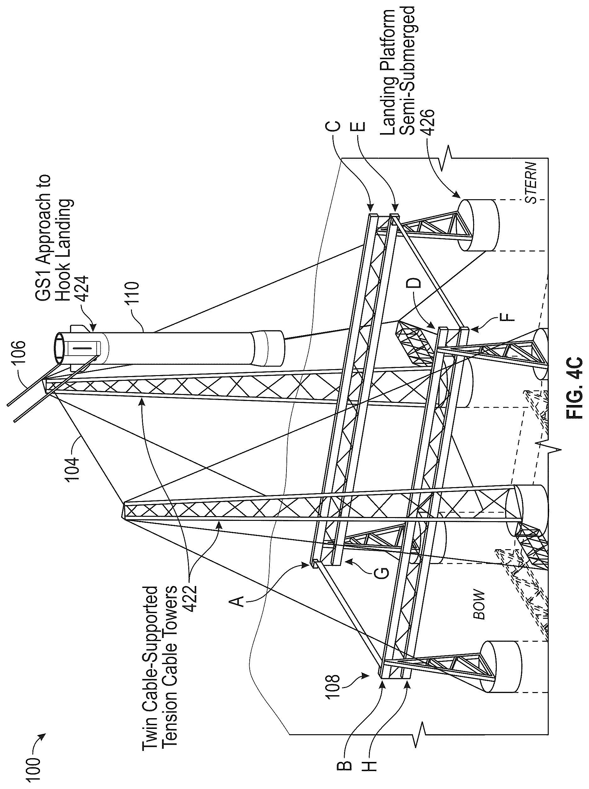 Patent US12617557 Figure 8 – System for receiving a descending rocket on a semisubmersible vessel using a suspended cable