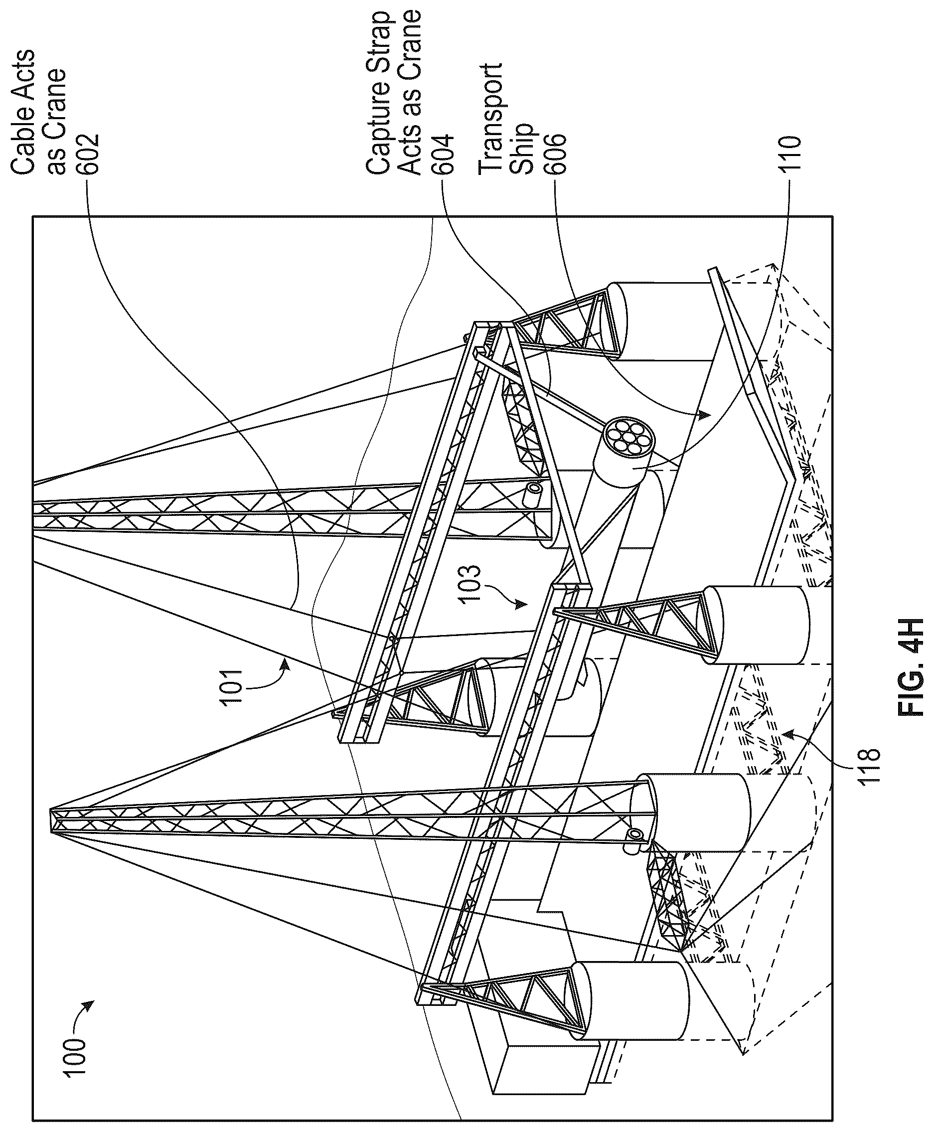 Patent US12617557 Figure 12 – System for receiving a descending rocket on a semisubmersible vessel using a suspended cable