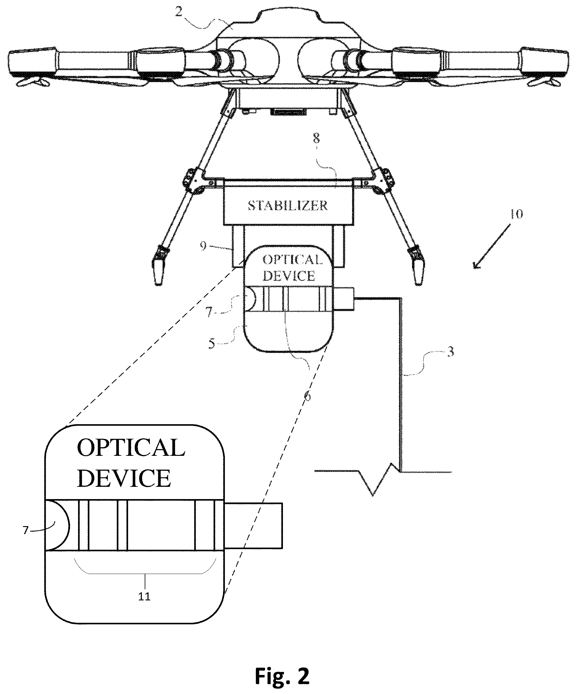 Patent US12617560 Figure 2 – Unmanned aerial vehicle tethered with optical fiber