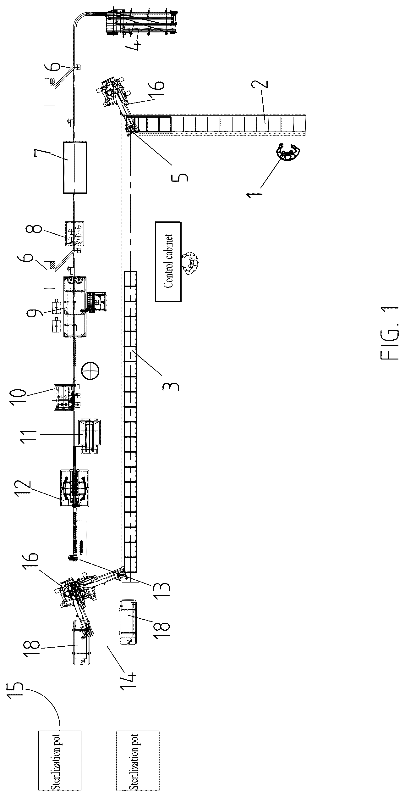 Patent US12617572 Figure 1 – Fully automated filling line for tissue culture flasks and control method therefor