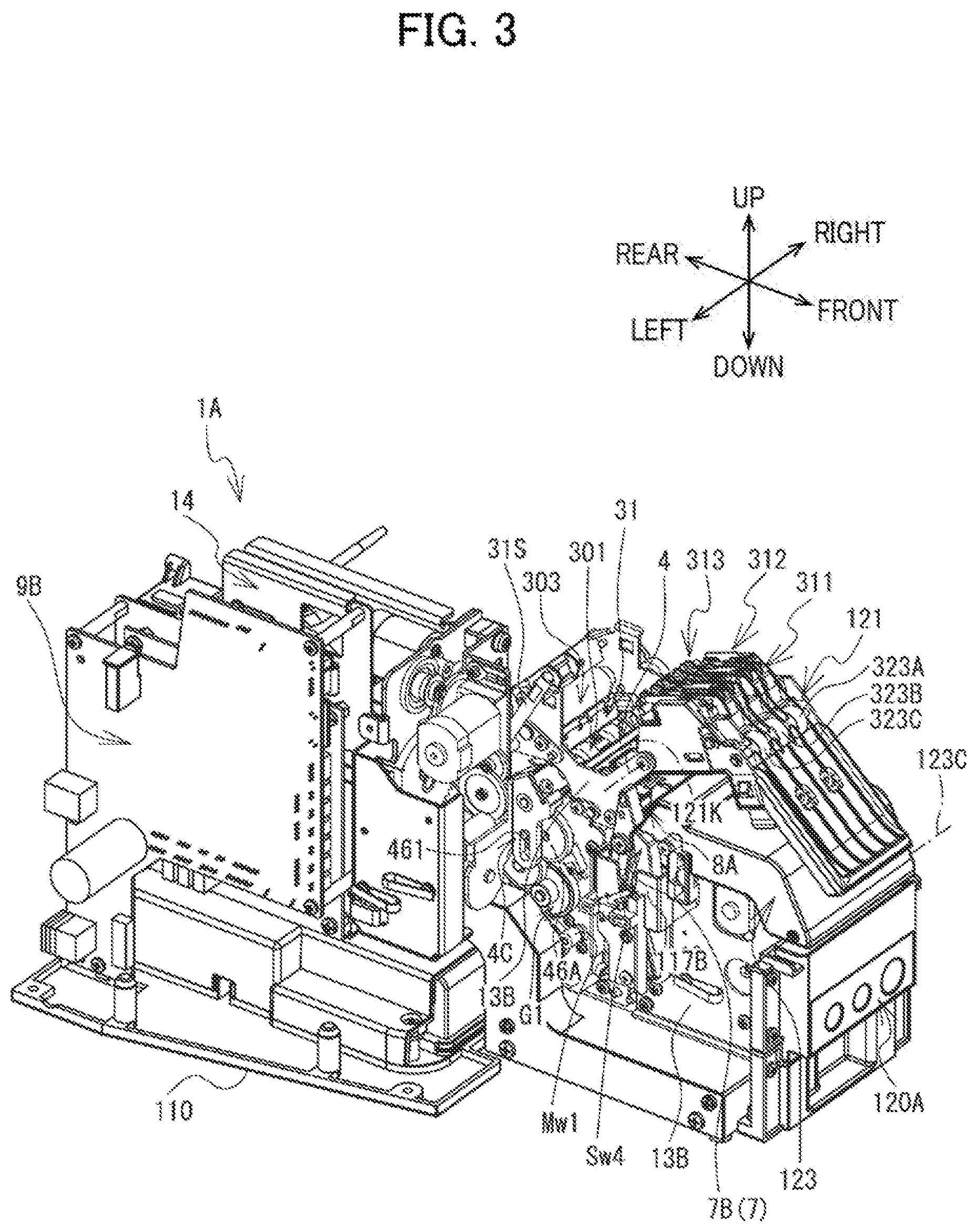 Patent US12617575 Figure 3 – Label affixing device including peeling part peeling label off release material, affixing part affixing label to adherend, and discharge part through which release material is discharged