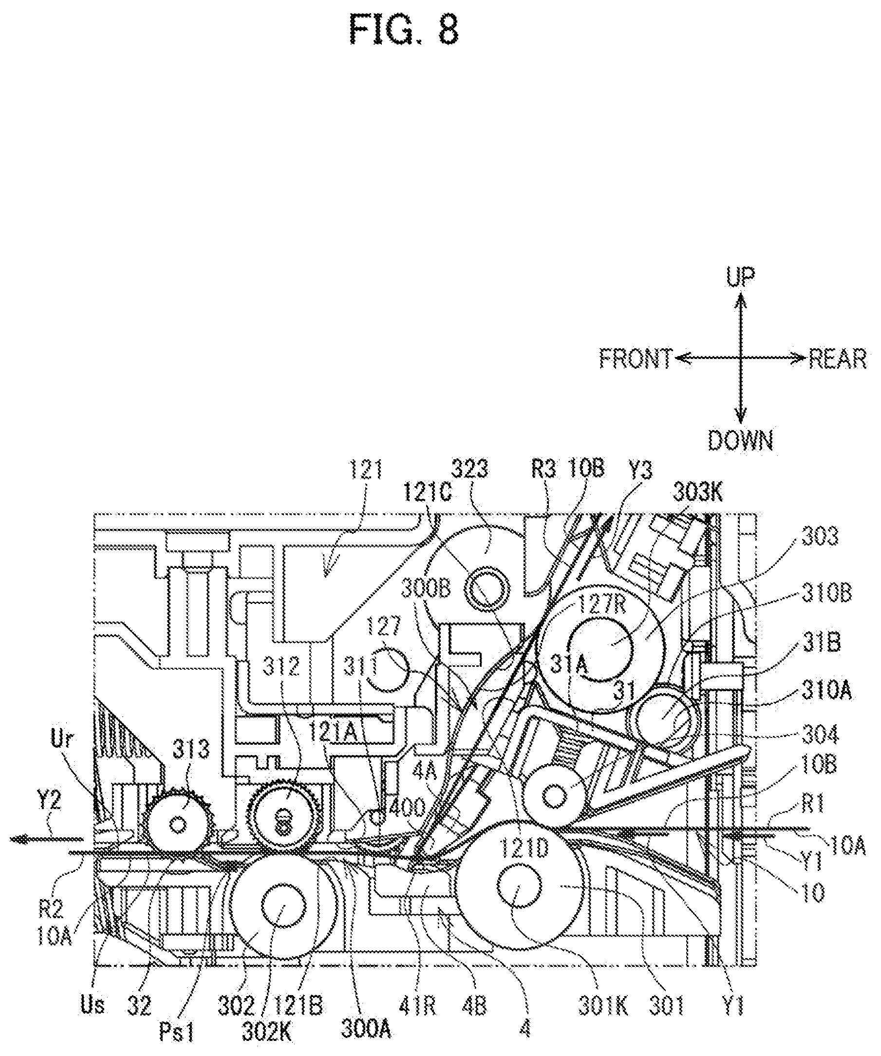 Patent US12617575 Figure 8 – Label affixing device including peeling part peeling label off release material, affixing part affixing label to adherend, and discharge part through which release material is discharged